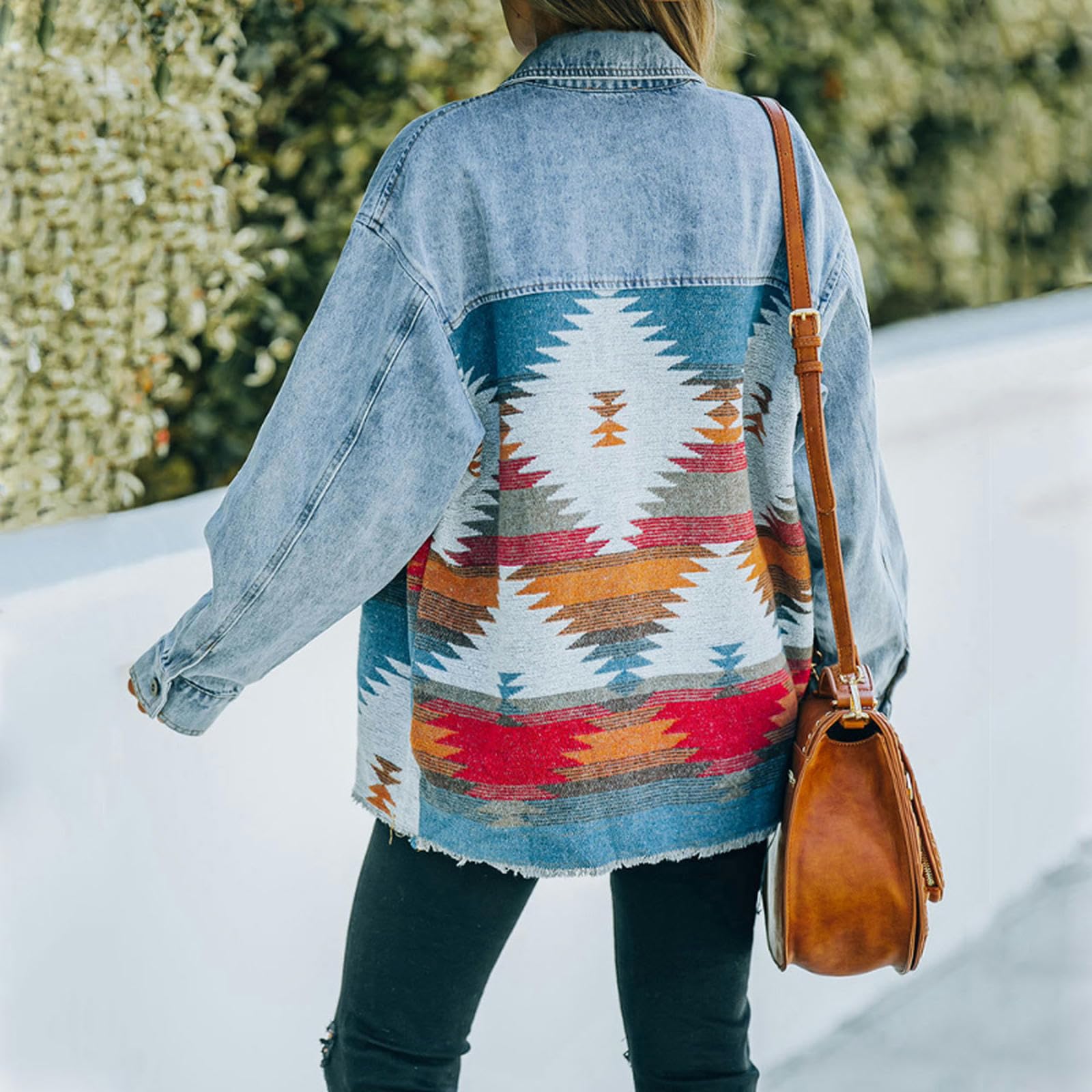 Jeans Casual chaquetas 2023 Otoño Invierno nuevo azteca solapa bolsillo Denim abrigo Patchwork manga larga lana mujer chaqueta Retro