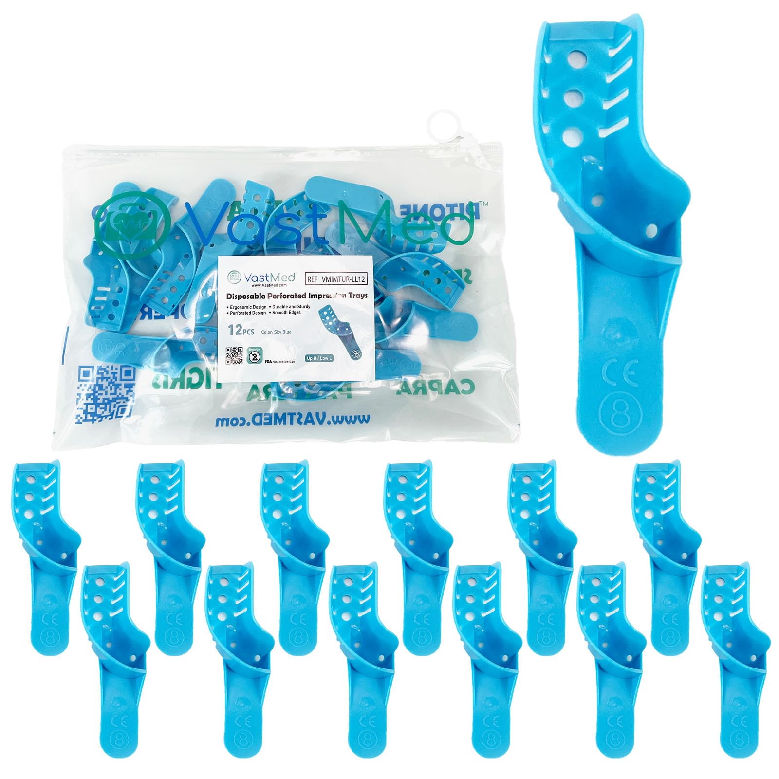 12PCS Dental Grade Disposable Perforated #8 Quadrant Up Right/Low Left Impression Trays by VASTMED | Plastic Materials Teeth Holder Dental Central Supply for Oral Tools