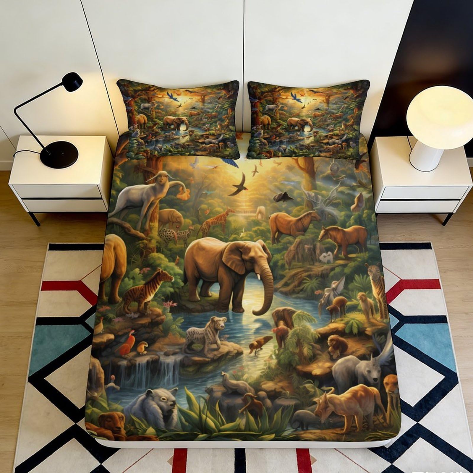 3D Printed Jungle Wildlife Fitted Sheet Microfiber Soft Anti-Slip Forest Animal Mattress Cover for Bedroom Dorm Decor 120x200 160x200x25cm