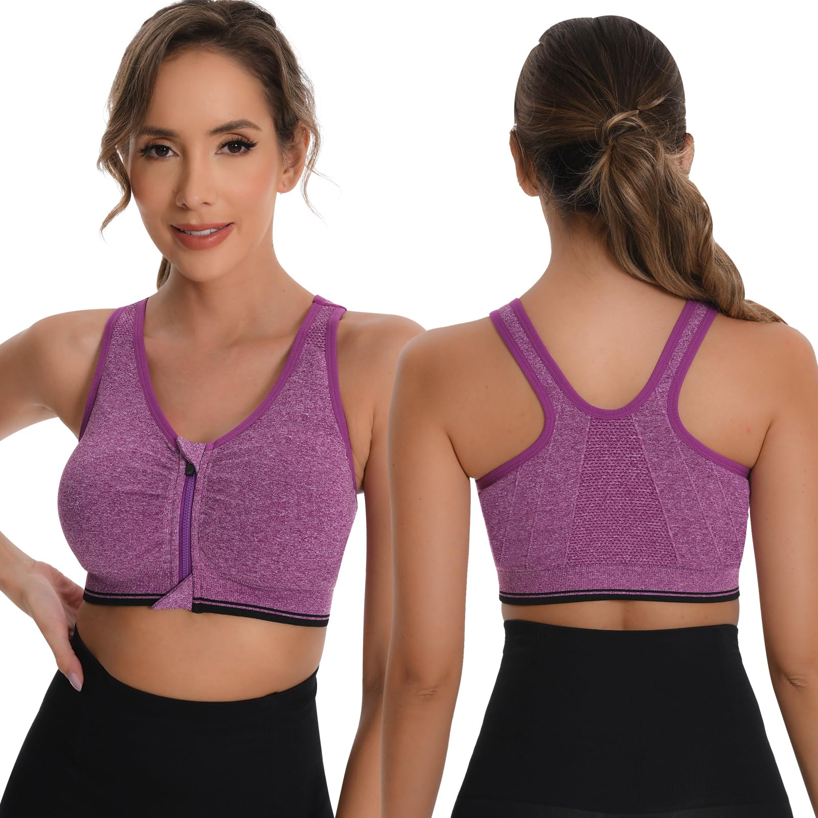 Sujetador Deportivo Mujer Racerback Cremallera Frontal Impacto Medio Sport Bra con Relleno 2 Pack