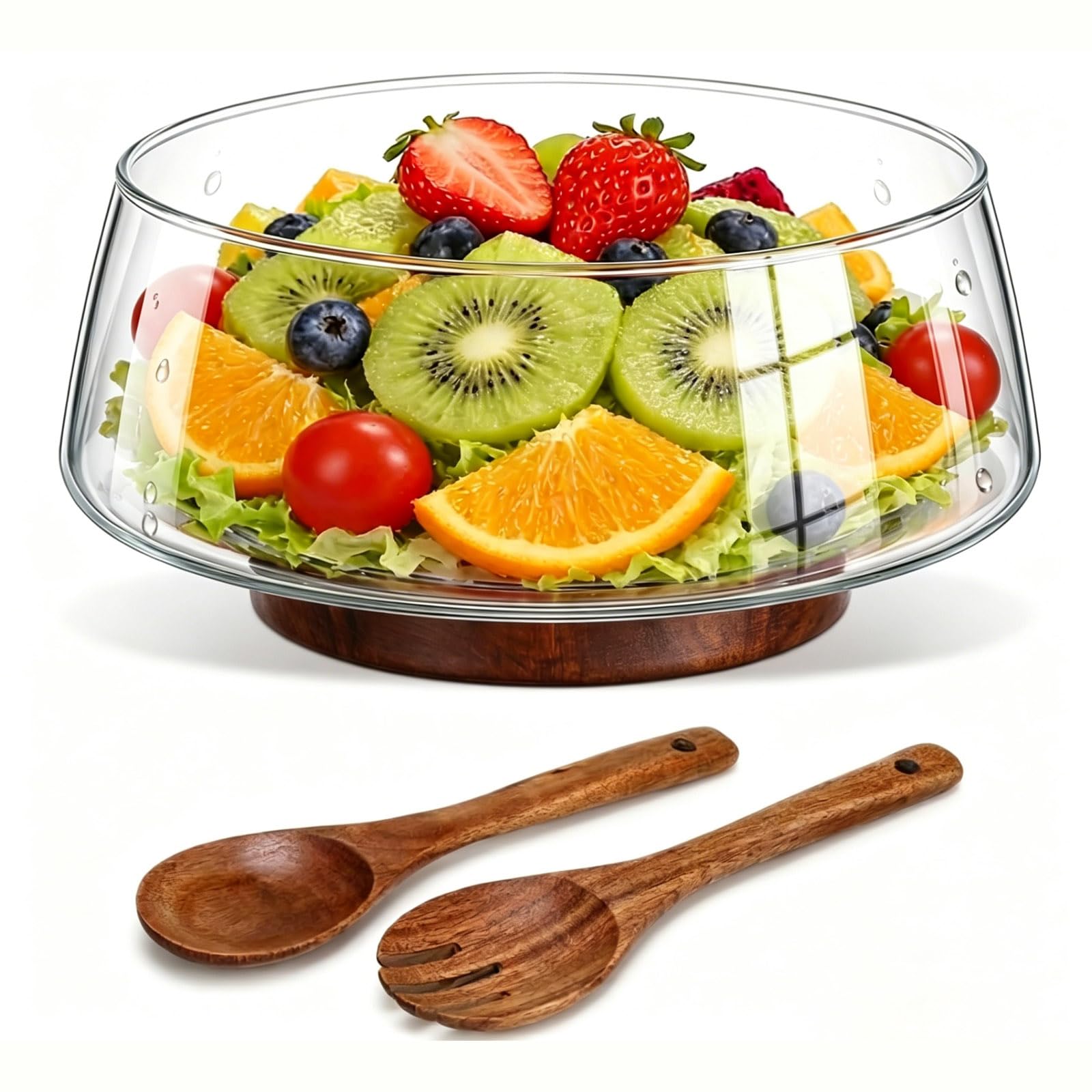 Photo 1 of TITINICE 121oz Large Glass Salad Bowl with Wood Base & Spoons