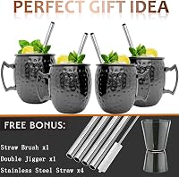 SuproBarware Moscow Mule Szett - 4 db Fekete Fém Koktélpohár (550 ml) Szívószálakkal és Mérőpohárral - Kézzel Készített Prémium Italszervíro 4