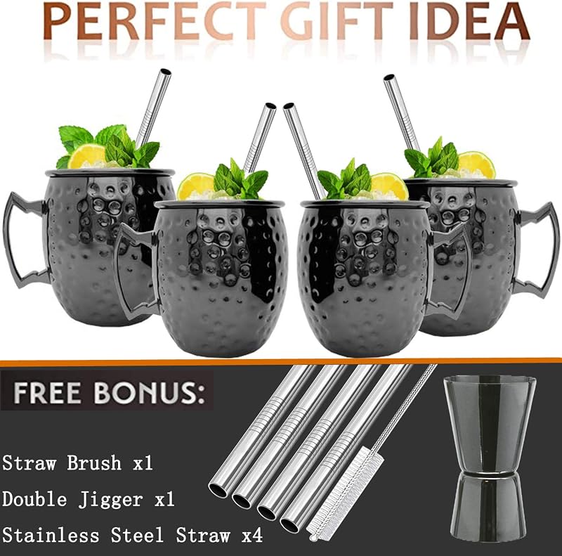SuproBarware Moscow Mule Szett - 4 db Fekete Fém Koktélpohár (550 ml) Szívószálakkal és Mérőpohárral - Kézzel Készített Prémium Italszervíro