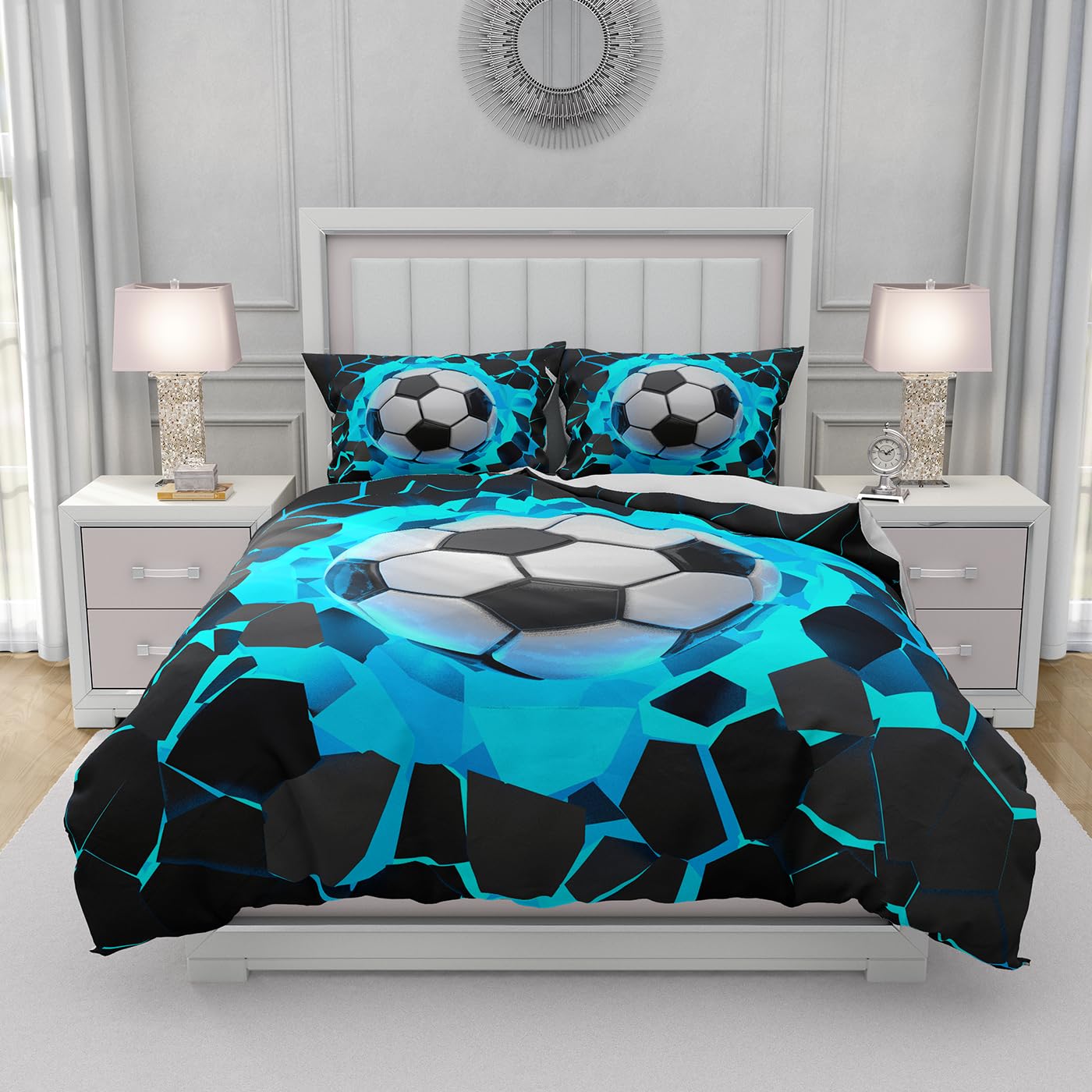 Juego de ropa de cama para niños con diseño de fútbol 135x200, juego de edredón 3D con motivo de fútbol para niños y adolescentes, color deportivo, funda de edredón suave y cómoda para adultos