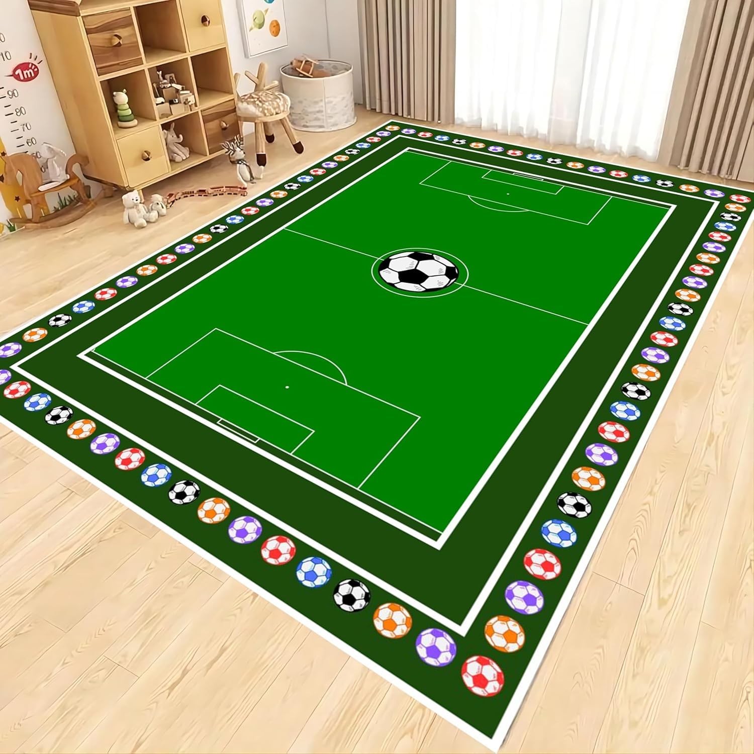 Football Nursery Floor Rugs, 160x230cm Colorful Football Border Living Room Area Rug, Washable and Easy to Clean Bedroom Dining Table Rug, Foldable No Crease Non Skid Kindergarten Classroom Carpet