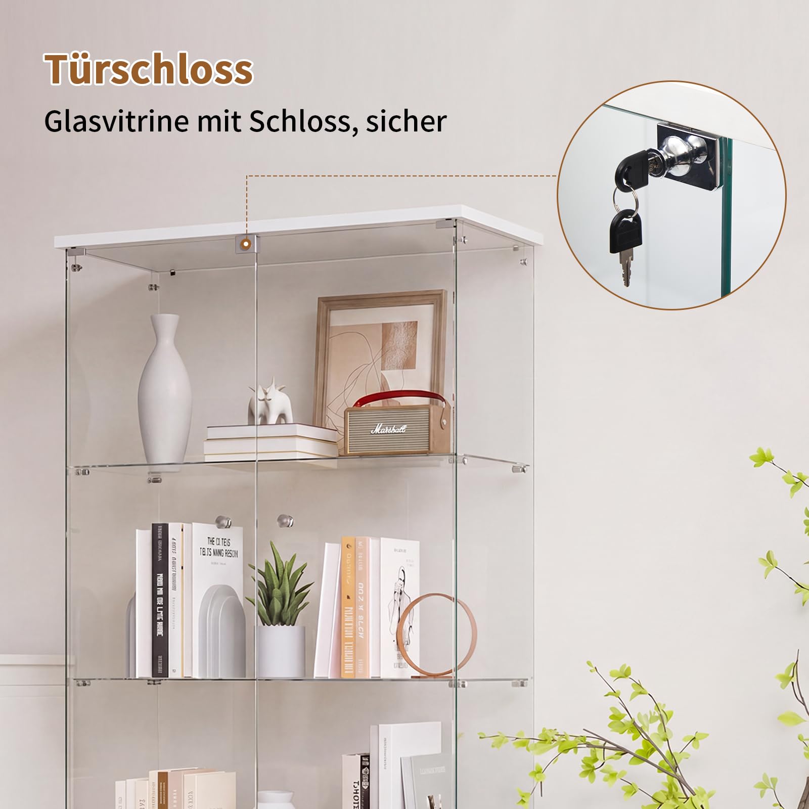 DADEA Vitrina Cristal 4 Estantes y 2 Puerta, Vitrina con Cerradura, 36,5 x 80,5 x 164cm, Columna Expositora Vidrio MuebleVitrina Expositora Armario Vidrio VitrinaExpositora AltaVitrina Suelo, Blanco