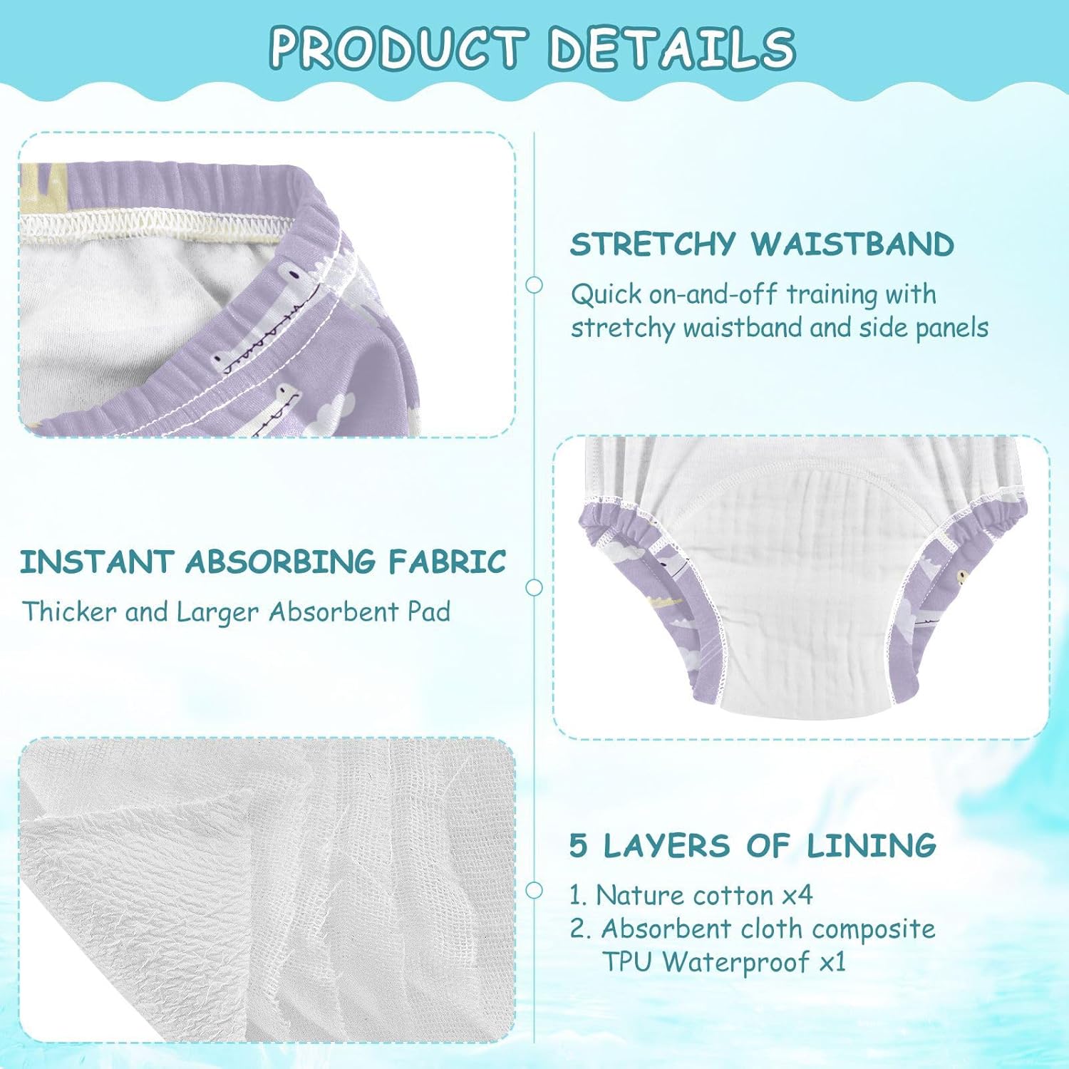 Baby Underwear Potty Training Pants Reusable Ghothic Crocodiles Pastel Purple Nighttime Potty Training Pants Shorts