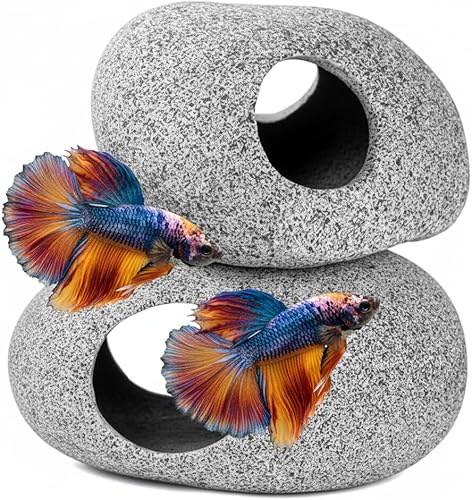 Decoración para cuevas de acuario – 2 rocas naturales para pecera para escondite Betta y cría de camarones, bordes lisos pulidos a mano, pH neutro,
