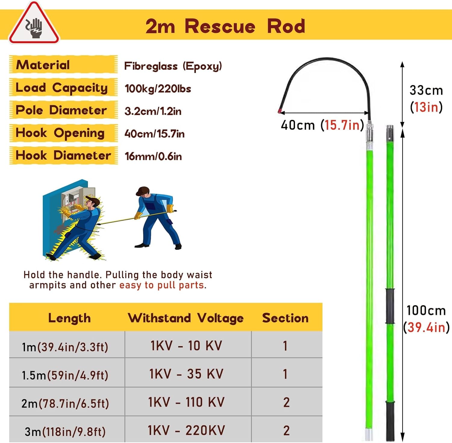 Anti-electrocution Rescue Hook Electrical Safety Rescue Hook Hotstick - 4 5 Ft 6 Foot 10 Feet, Insulated Rescue Hook 16 Inch Opening, 3.2cm Fiberglass Life-Saving Pull Rod for Electric Vehicles/Electr