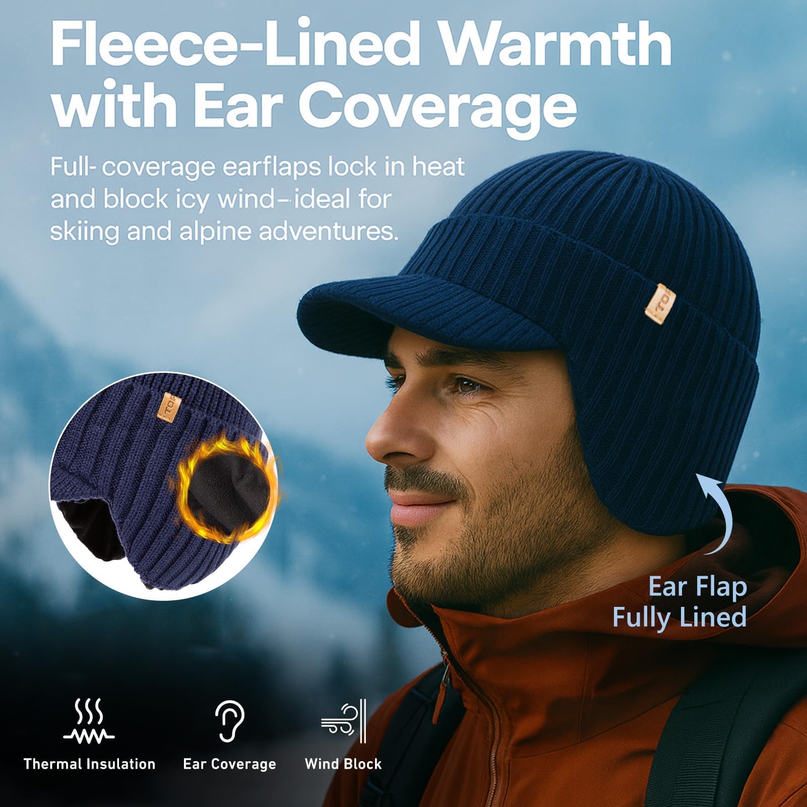 TOP-EX DryKnit™ Waterproof 80% Merino Wool Peaked Beanie Hat Men with Ear Flaps & Fleece Lined, Winter Thermal Golf Visor Beanie Hat for Cold Weather, M-XXL