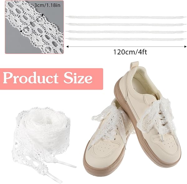 Thinp Lot de 2 paires de lacets en dentelle blanche - Largeur : 3 cm - Dentelle plate - Pour femme - Chaussures de sport - Chaussures de course - Blanc - 120 cm - 2