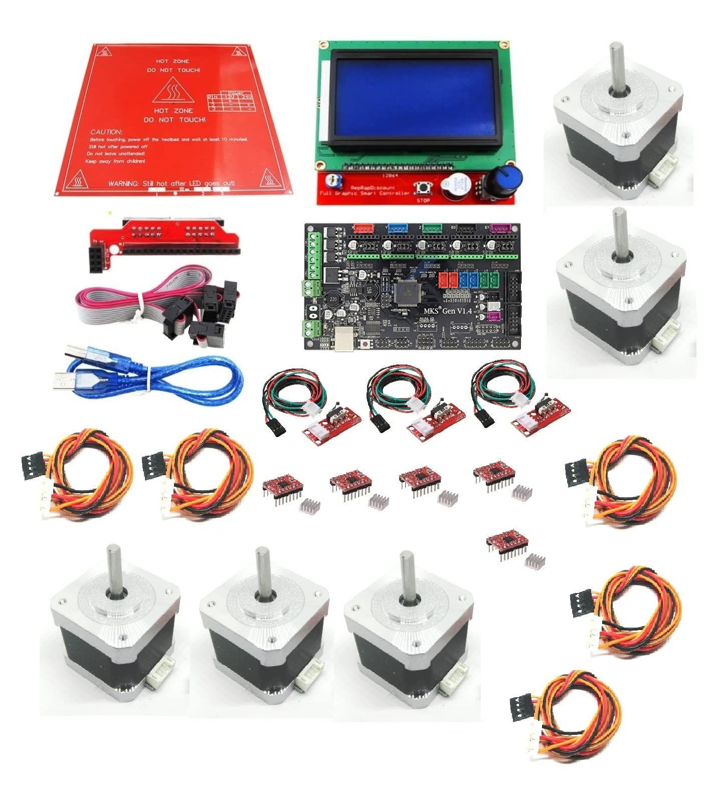 INVENTO 3D Printer Kit Electronics PCB Heatbed + 12864 Smart LCD + MKS GEN 1.4 Controller Board + A4988 Driver + Nema 17 Stepper Motor + Endstop Prusa i3 DIY-image-1