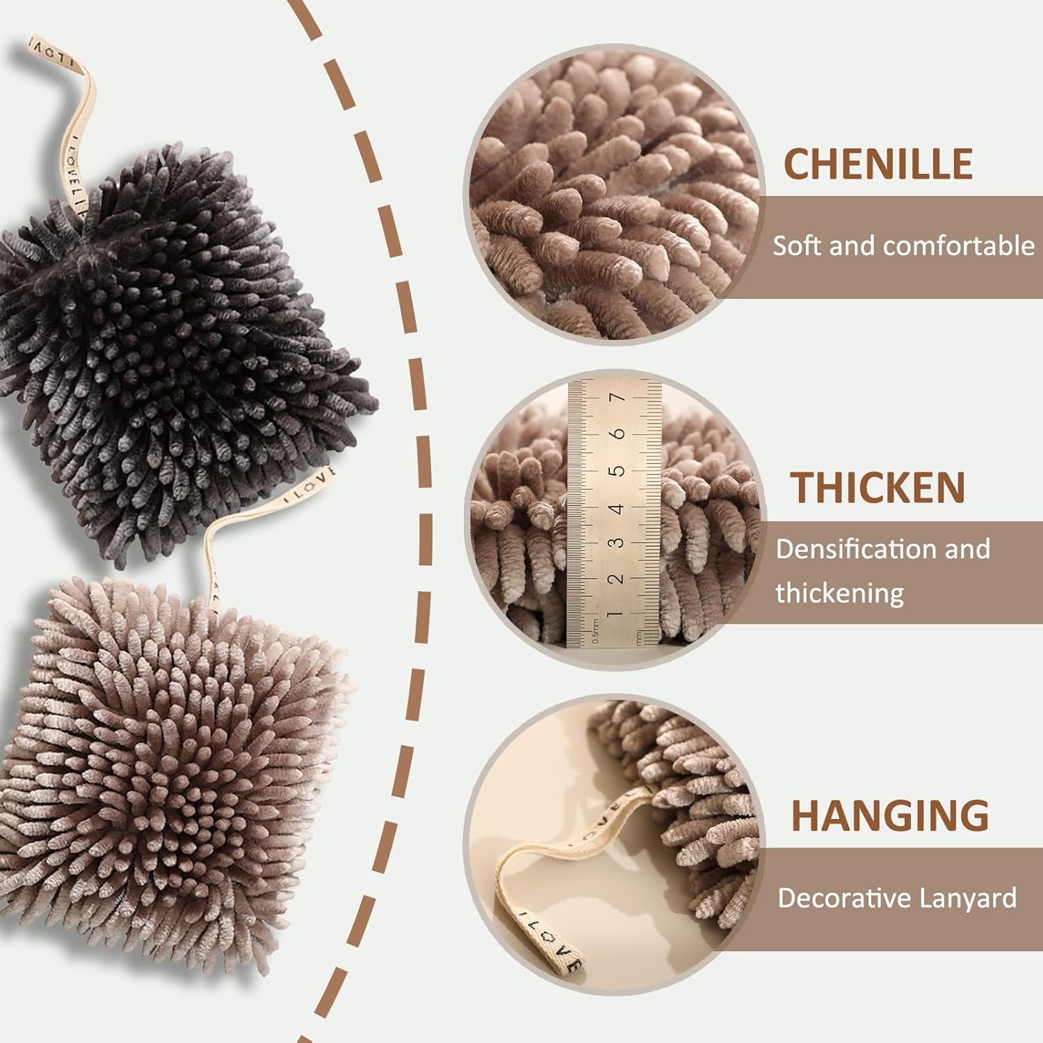 Fuzzy Ball Hand Towel Set of 4 Hanging Chenille Puff Ball Hand Towels Super Absorbent Quick Dry Hand Soft Fluffy Ball Towel for Bathroom Kitchen (Coffee+Grey)