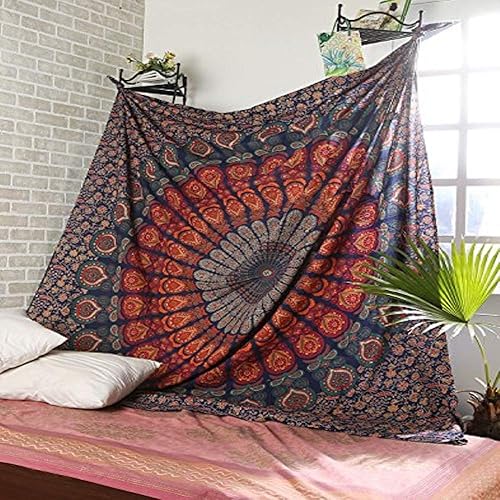Miniatura 3 de RAJRANG Tapiz de mandala de pavo real, hippie para colgar en la pared, 90 x 84 pulgadas, tapices decorativos de algodón indio bohemio hecho a mano