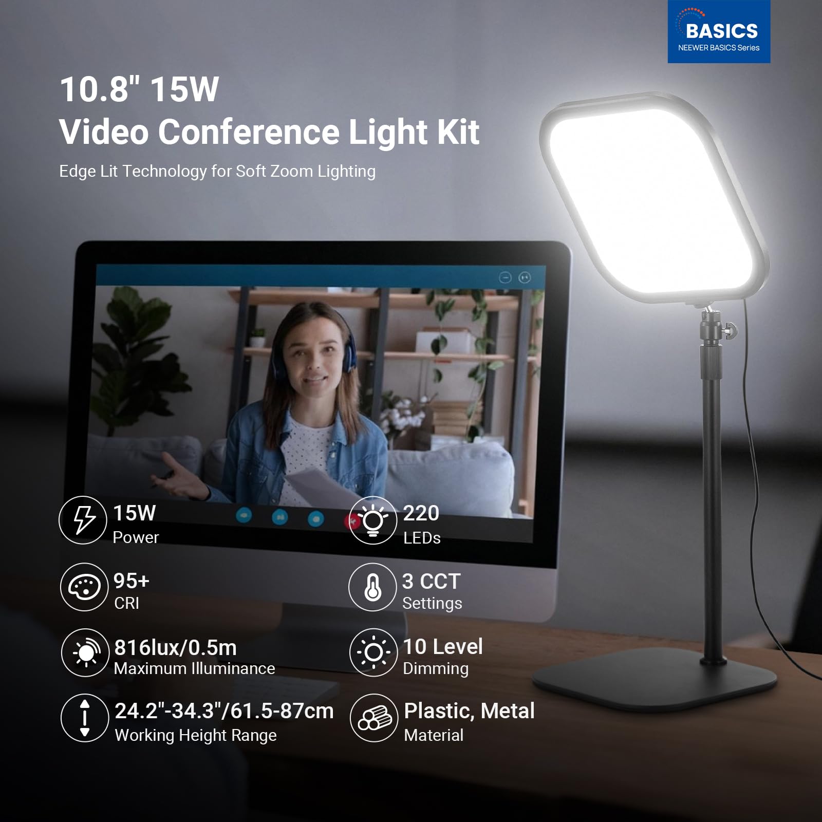 NEEWER Basics 2 Pack 10.8" Konferencja Wideo Reflektor z Mobilnym Wsparciem/Wsparciem, 15W Bi Color Edge Lit Full Screen Desk Light CRI95+ do laptopa Kamera internetowa Zoom Połączenia Streaming