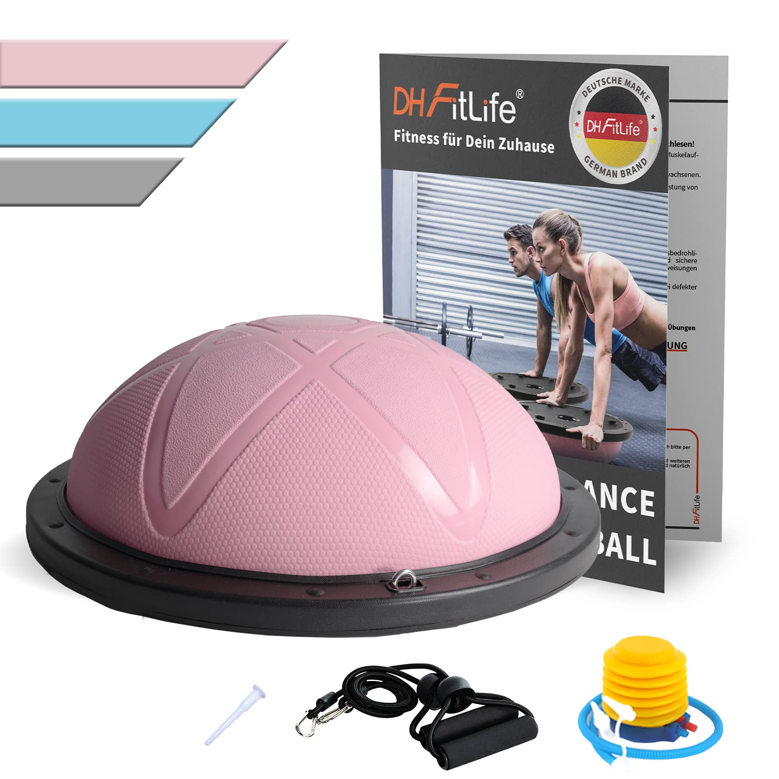DH FitLife Balance Ball, Yoga Balance Trainer, Diameter 60 x 22 cm, Maximum Load 200 kg, Half Exercise Ball, Fitness Balance Board, Balance Board with Pump and 2 Fitness Bands