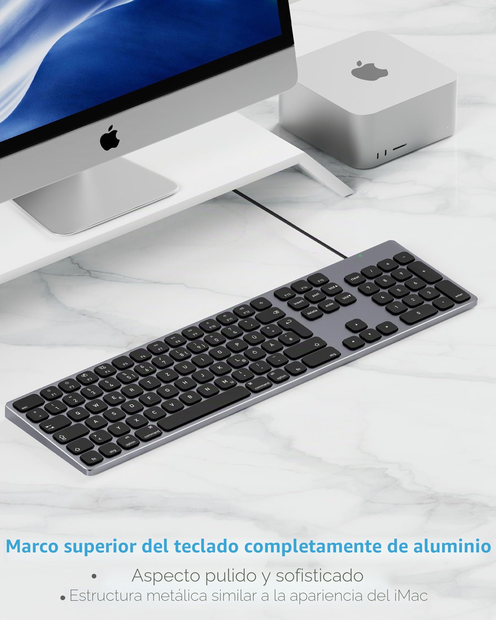 Teclado con cable de aluminio para Apple Mac OS: puerto USB/USB-C, Plug and Play, completo, delgado y duradero con teclado numérico para iMac, Mac mini o MacBook, color gris