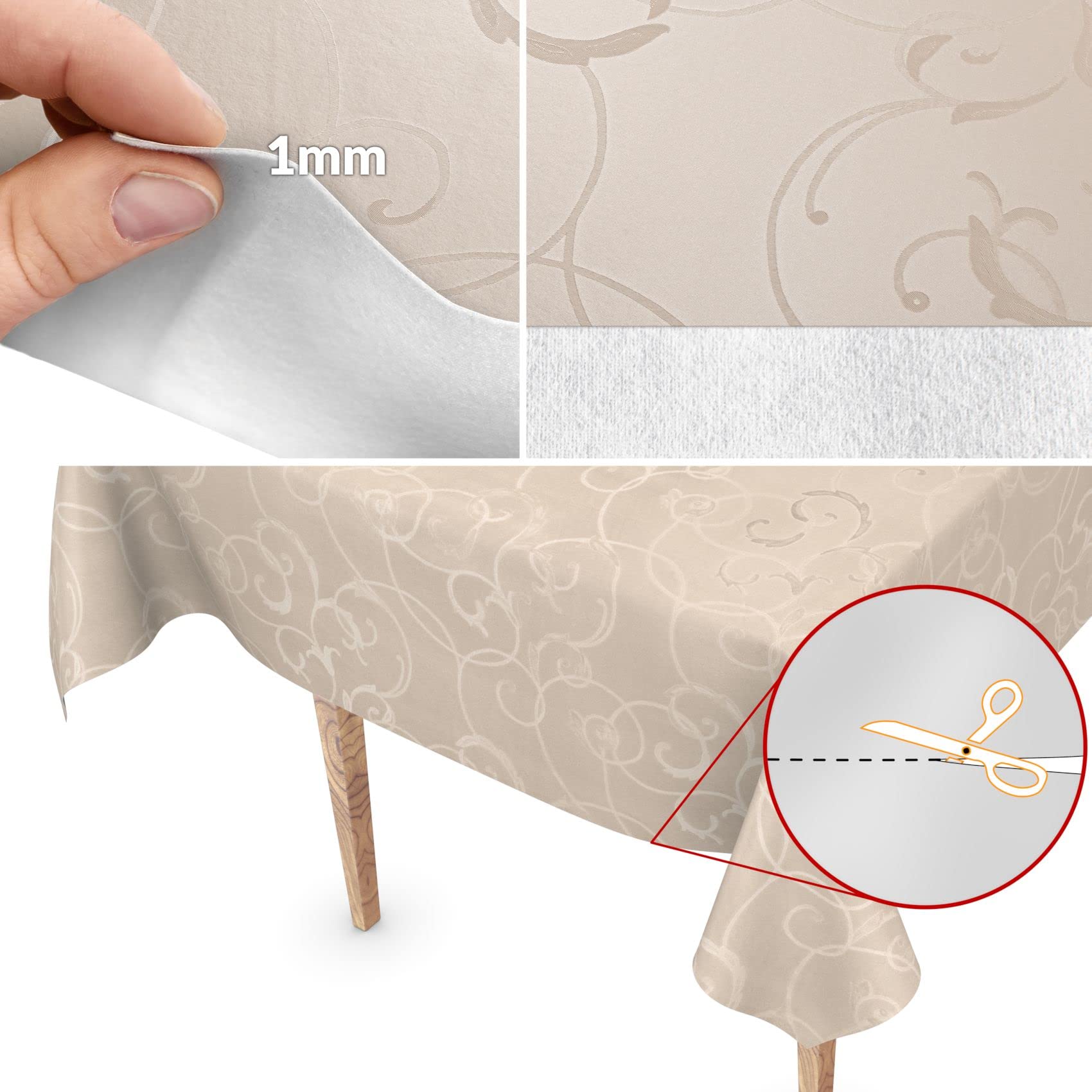 Premium Wachstuchtischdecke Tischdecke Vinyl Wachstischdecke abwaschbar 280x150cm Damast Creme Champagner edel abwischbar