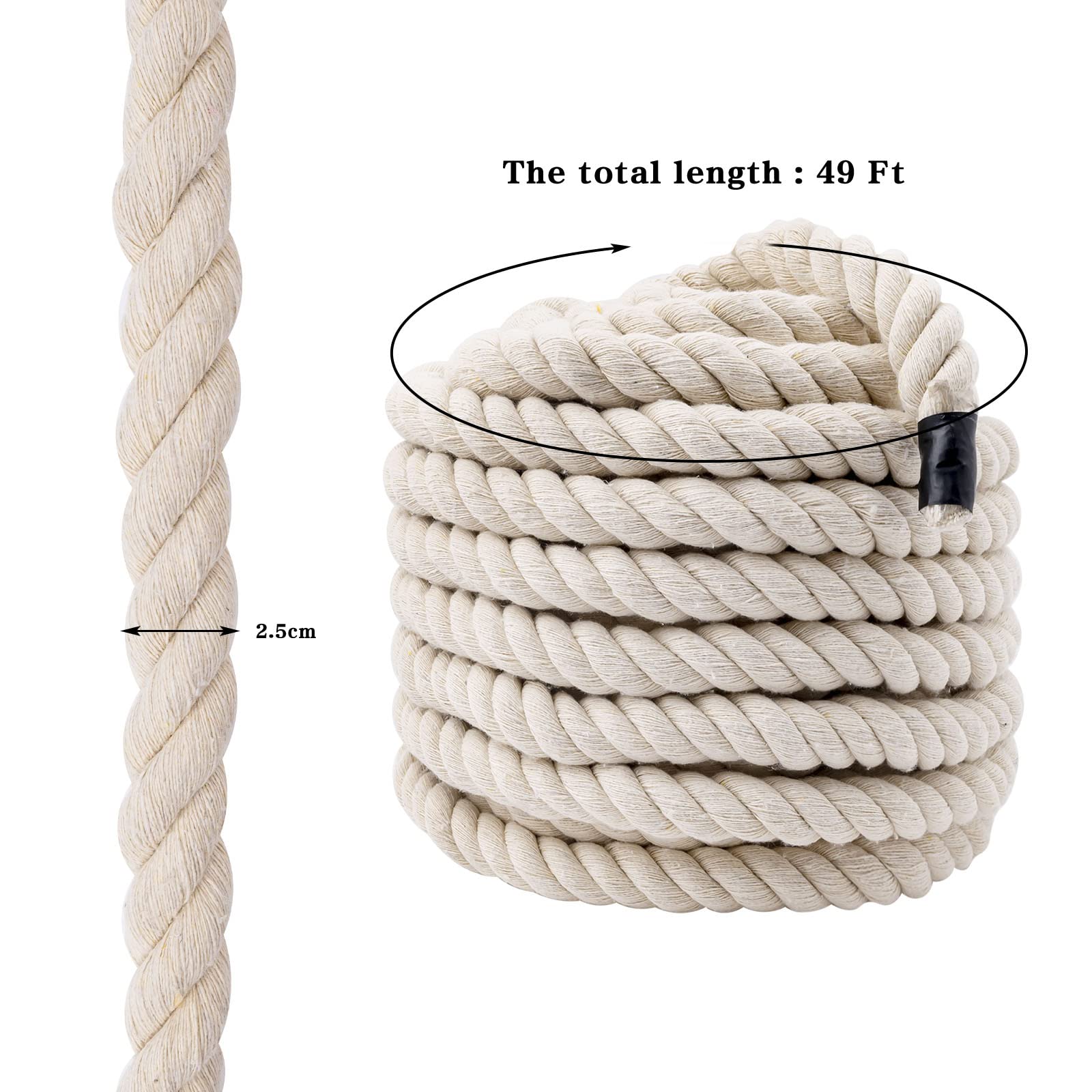 1 Inch X 49 Feet Natural Cotton Rope – 3 Strand Twisted Soft Cotton Cord, Super Thick & Strong, For Crafts, Tug Of War, Hammock, DIY Home Decor & Weddings