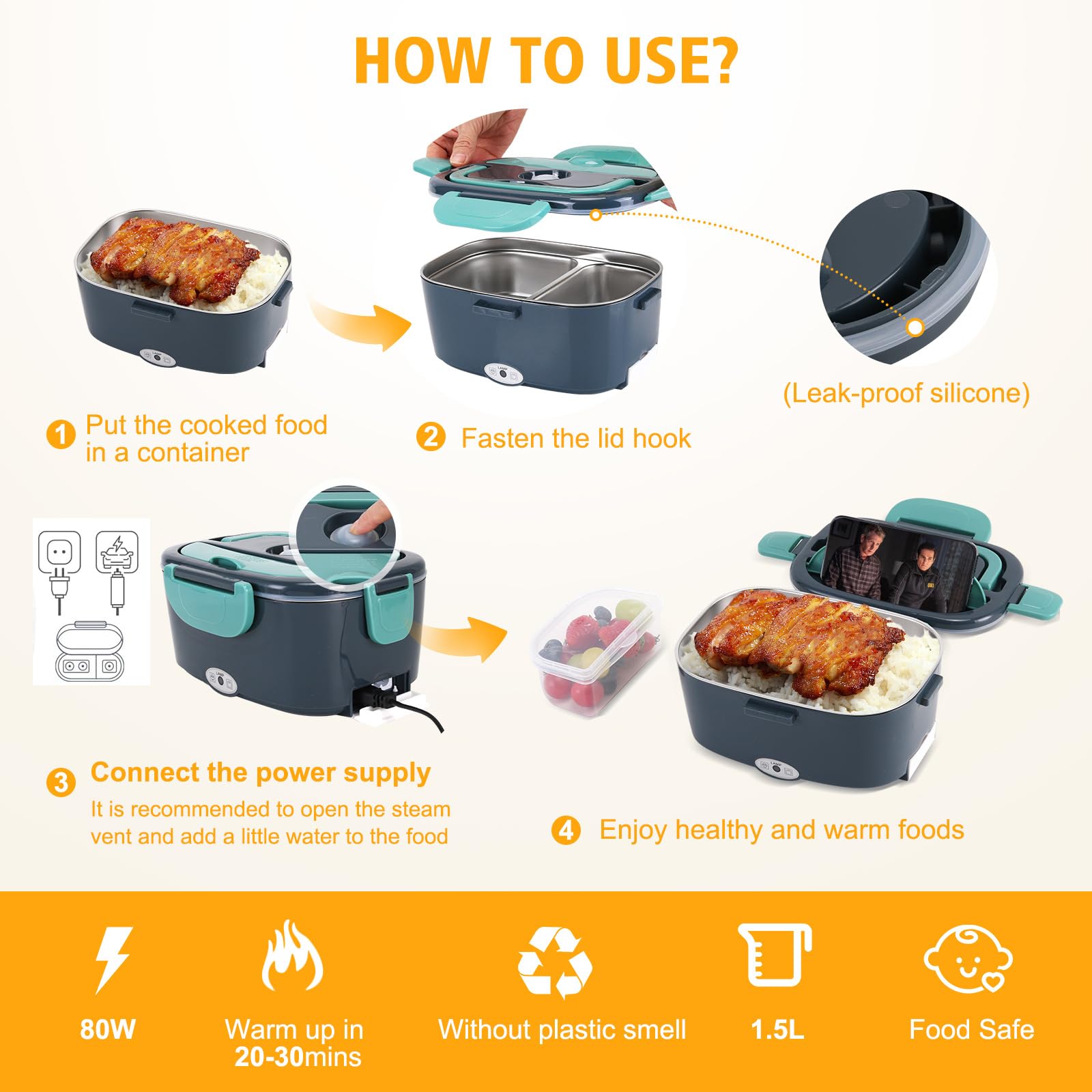 Lunch Box Chauffante Gamelle 80W 1.5L Boite Repas Allume Cigare Electrique 12V/24V/220V Camion Tuperwear Réchauffe Plat Chauffe Voiture Bento Rapide Heat Thermos qui Garde Chaud Heatbox Micro Onde