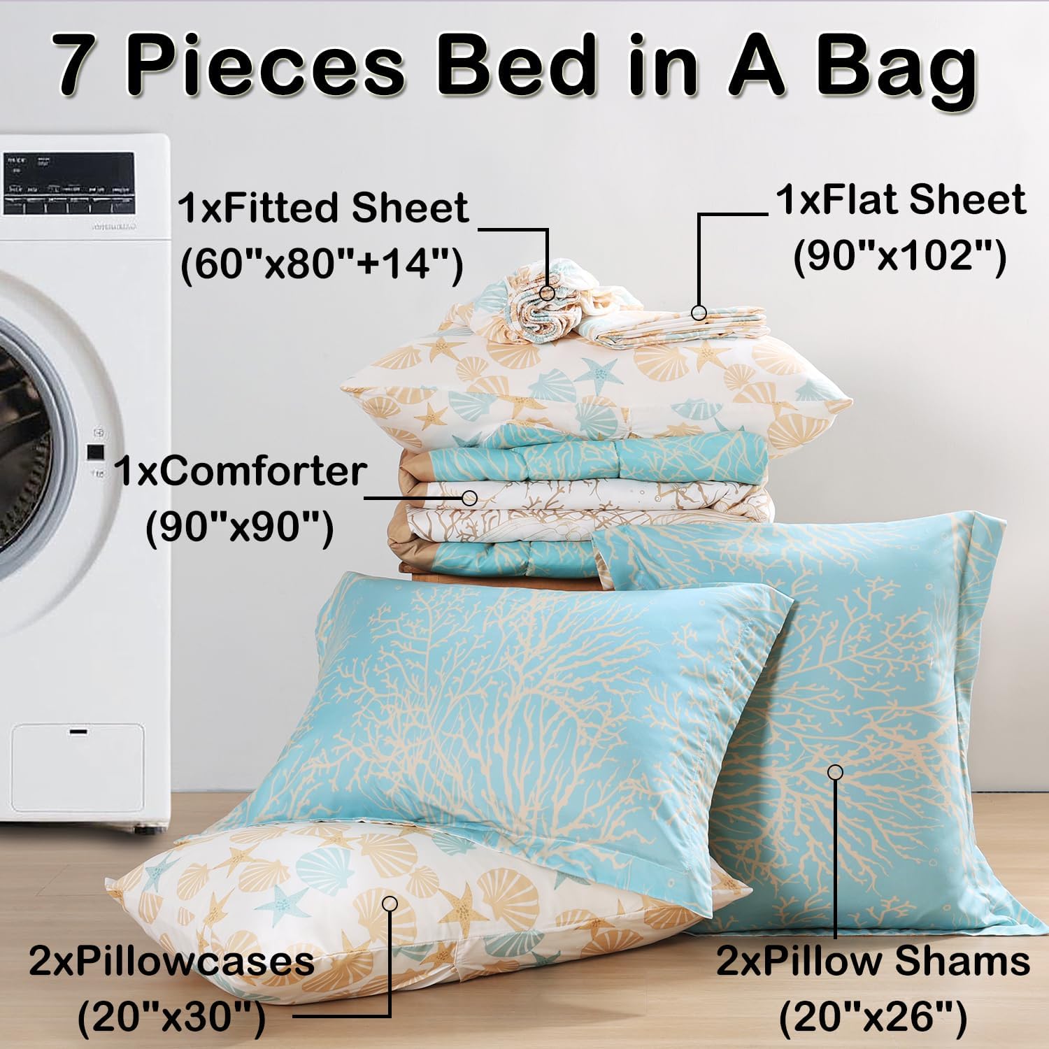 Coastal Comforter Set - 7 Piece Beach Themed Comforters,Reversible Coral Shell Starfish Conch Pattern Printed Bedding Set with Comforter,Flat Sheet,Fitted Sheet and Pillowcases & Shams(Queen 90"x90")