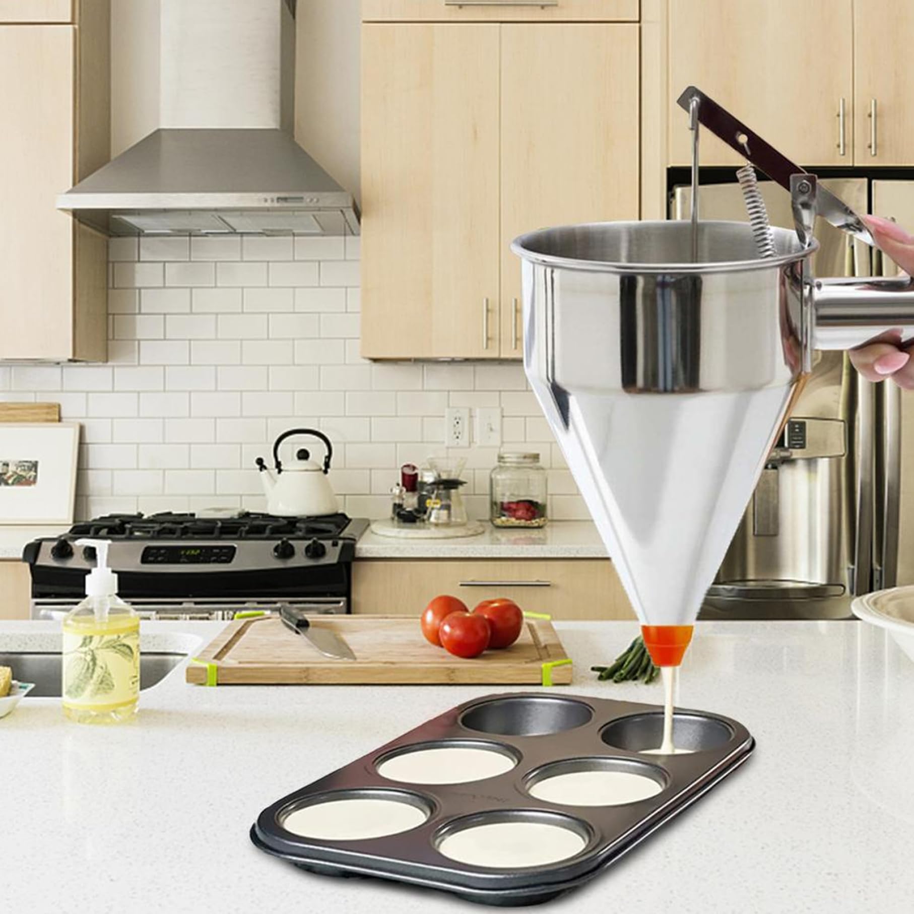 Dispensador de masa para panqueques de 20 oz con soporte de acero inoxidable 4 boquillas