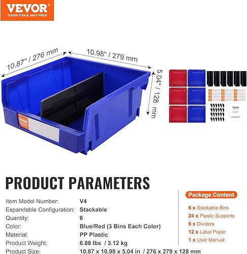 Miniatura 7 de VEVOR Paquete de 6 contenedores apilables de plástico (11 x 11 x 5 pulgadas), contenedores organizadores de almacenamiento colgantes, contenedores