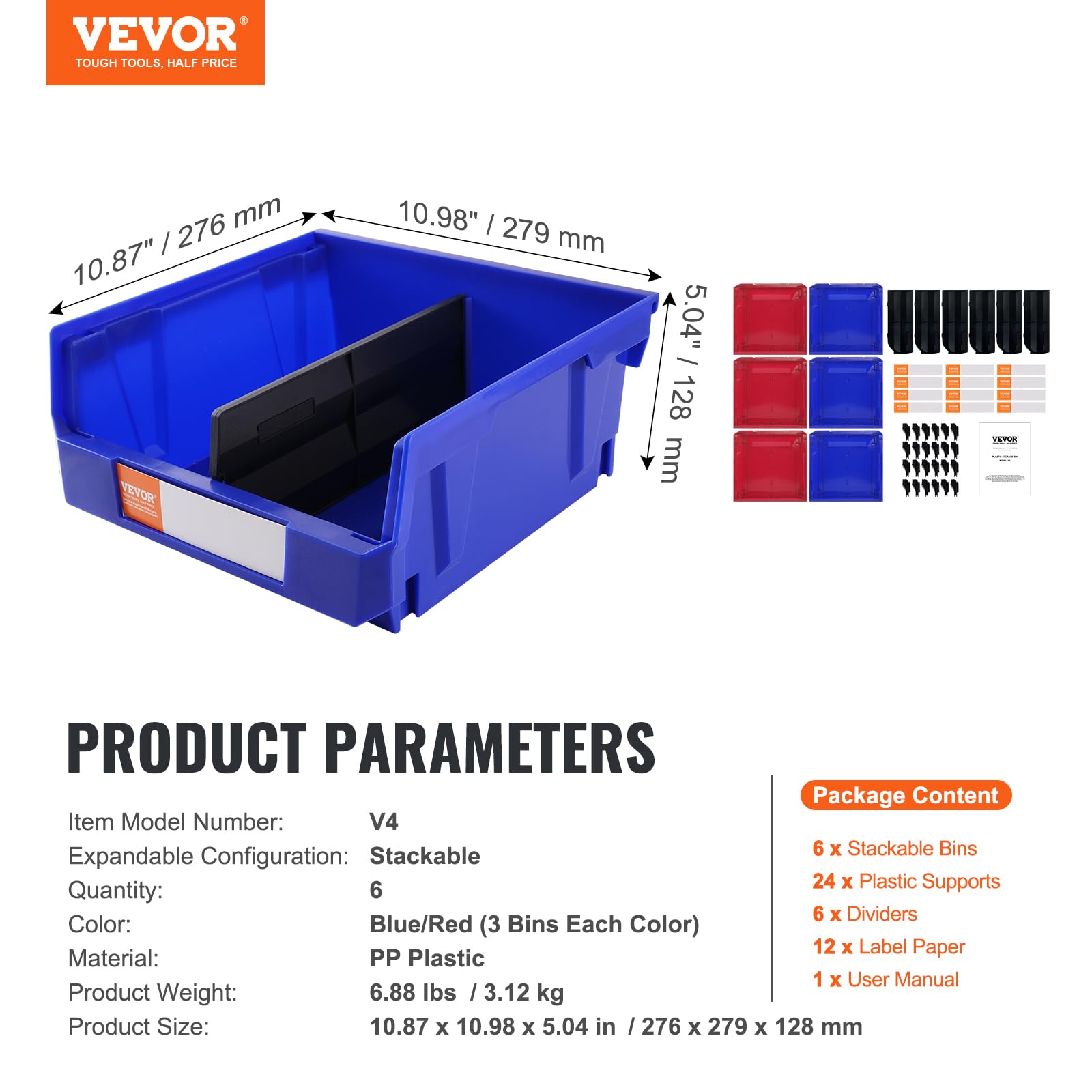 VEVOR Contenedor de Pernos 6 Cajas de Almacenamiento Apilables para Taller 276 x 279 x 128 mm Combinación Azul/Roja Contenedor de Herramientas para Armario, Cocina, Oficina, Despensa, Estante, Pared