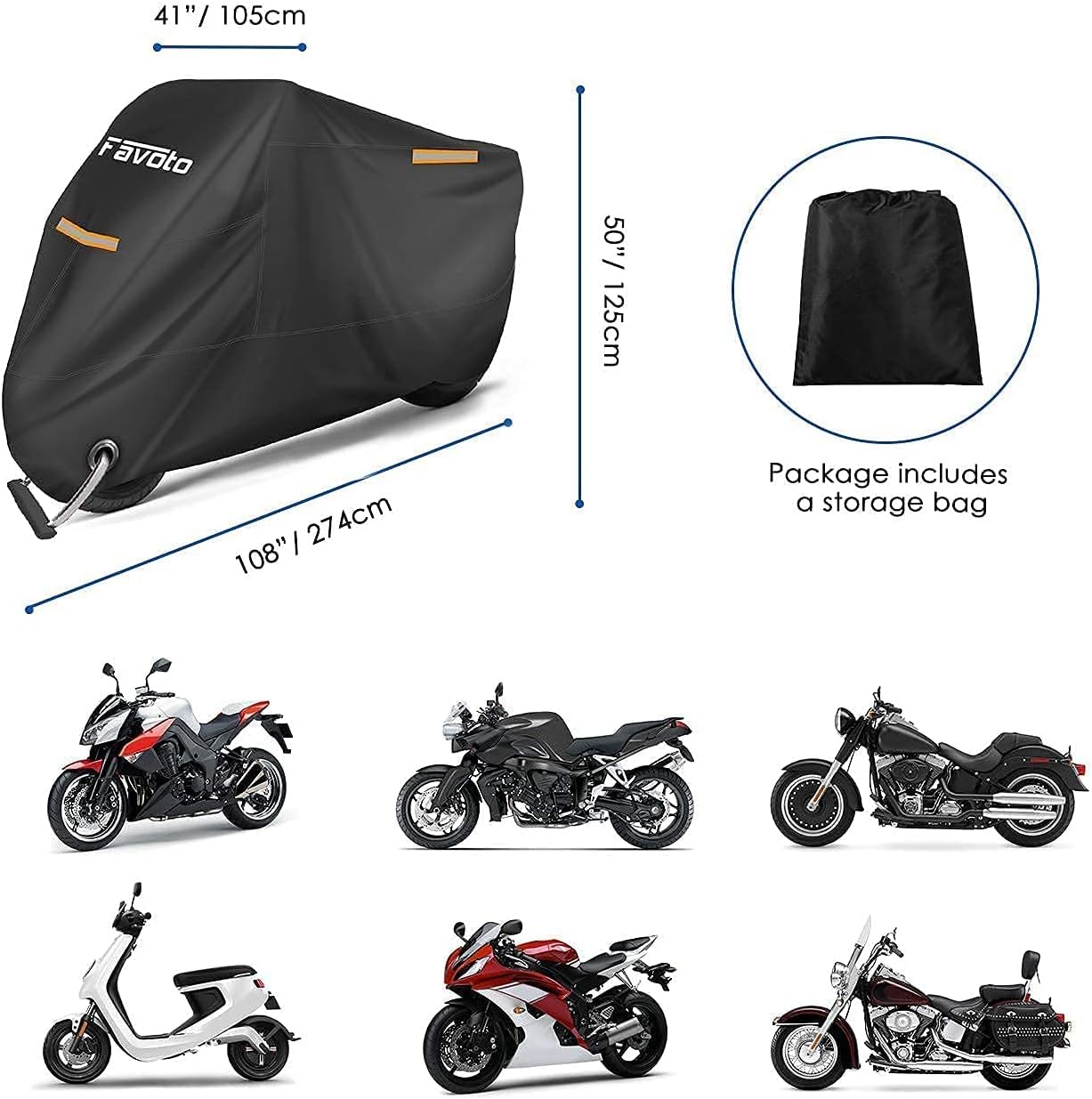 Favoto Motorcycle Cover 108" All Season with Night Reflective Stripes + Favoto Disc Lock Alarm for Motorcycle e-Bike Bicycle Scooter