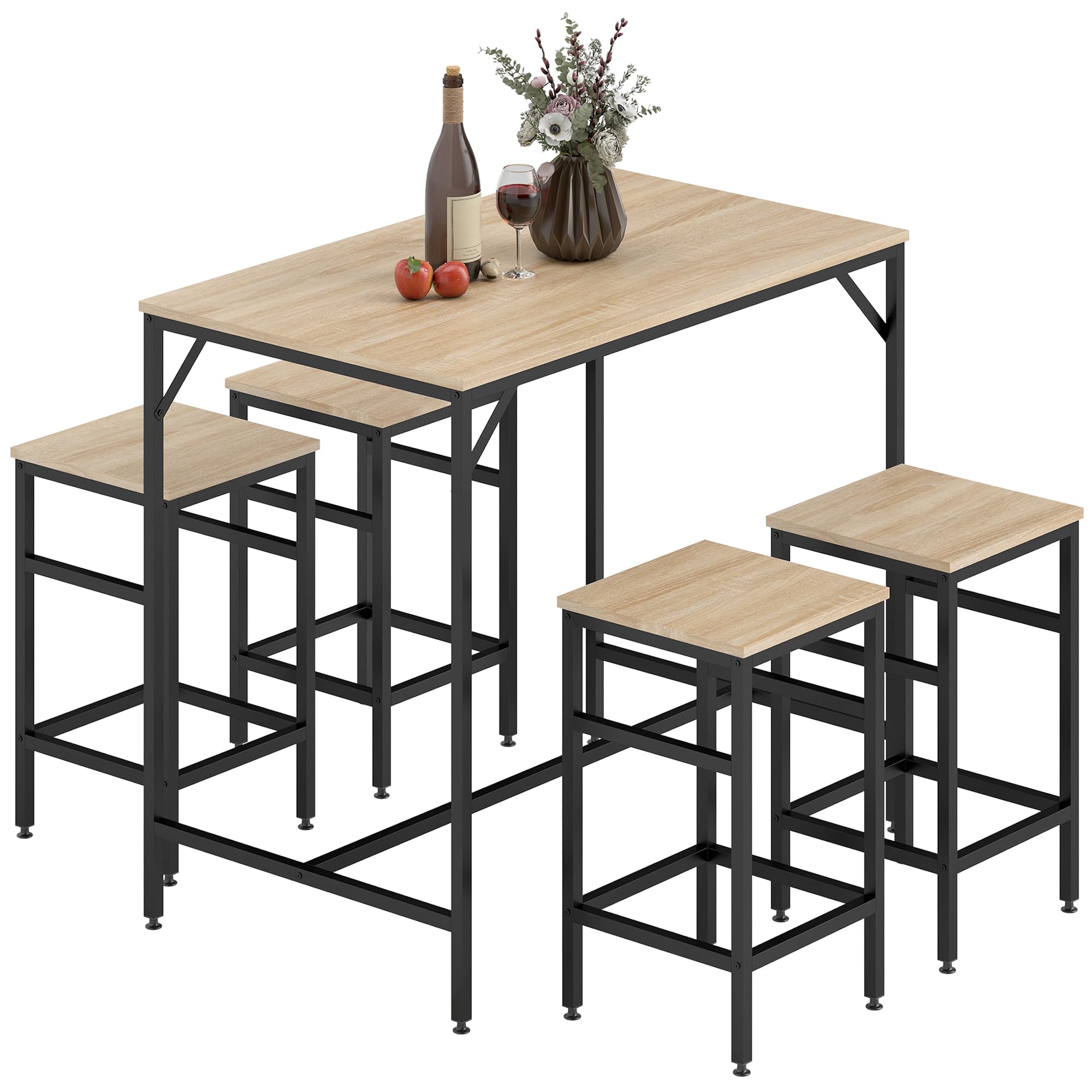 HOMCOM 5-teiliges Bartisch Set Bartisch mit Barhocker-Set Esstisch mit 4 Stühlen Küchentisch für Esszimmer, Küche, Eiche+Schwarz