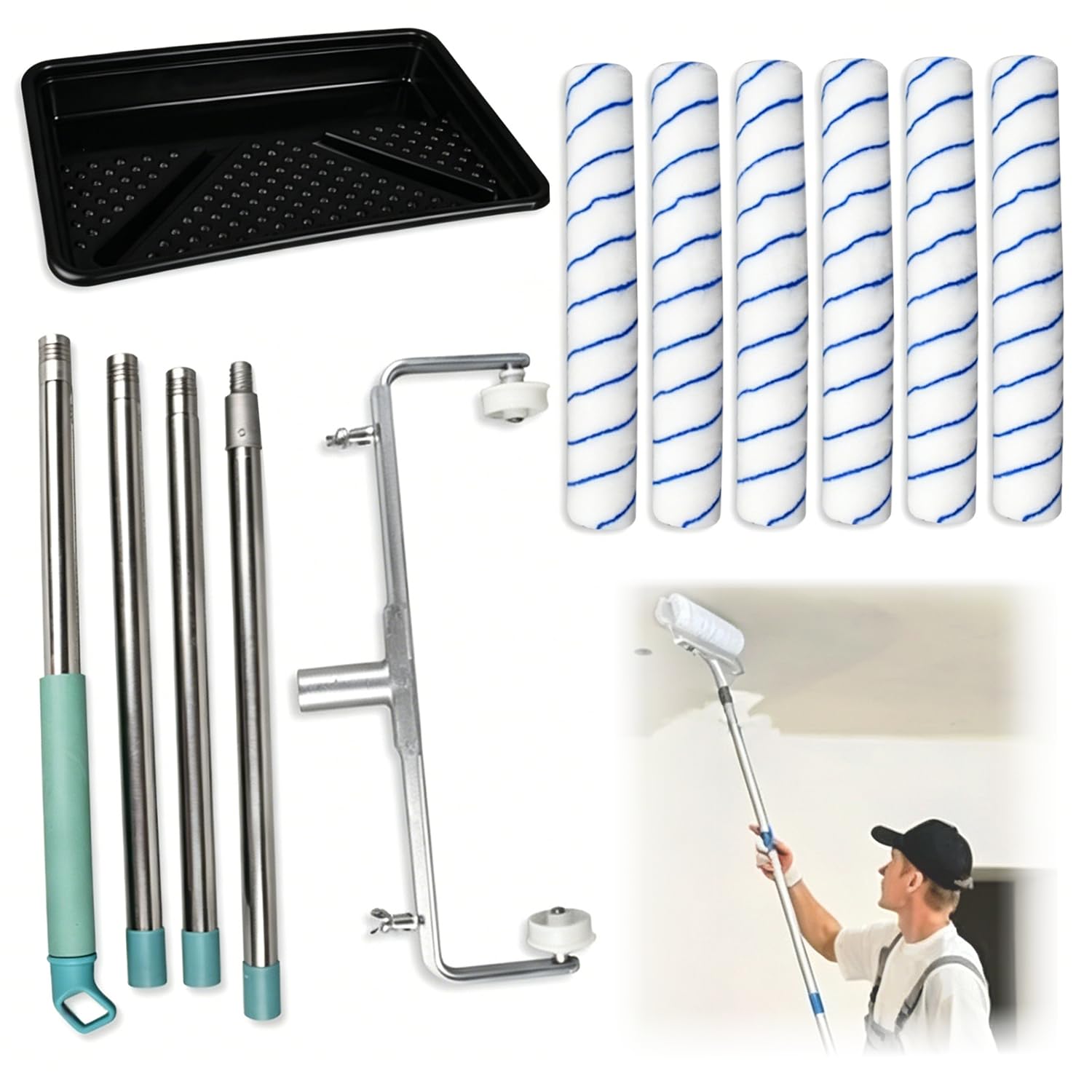 Kit Rullo Per Vernice Da 45 cm,Rullo Per Pittura Include 6 Rulli,Supporto Regolabile (35-60 cm),Un Secchio Grande Per La Vernice e Un'Asta Telescopica Estendibile Fino a 160 cm,Per Pareti e Soffitti