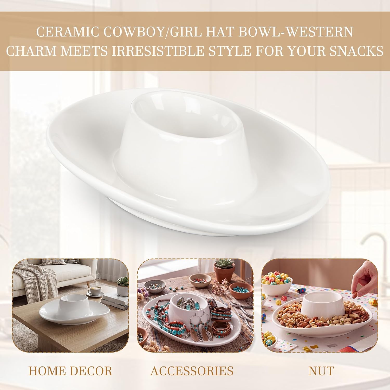 Small Cowboy Hat Chip and Dip Bowl 9 x 6 x 2.6'' Ceramic Chips and Salsa Bowl Sauces Dish 2 Ways Serve for Salsa Fries Nuts Candy Fruit Minimalist Jewelry Decoration Hostess Housewarming Gift