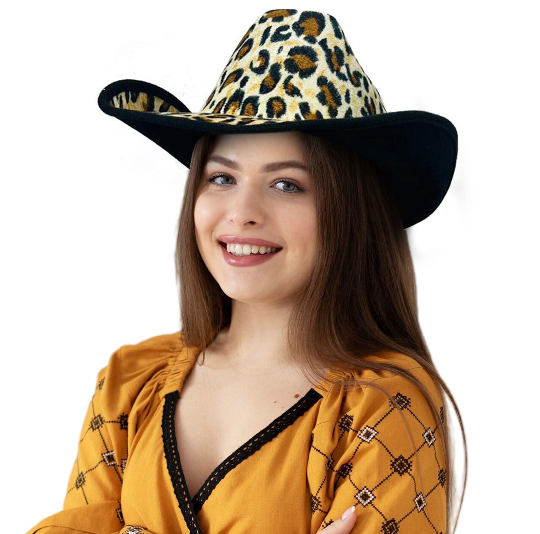 WickedFun Leopard Print Cowboy Hat for Men and Women – Unisex Adult Texan Cowgirl Hat Fancy Dress Party Accessory — image 1