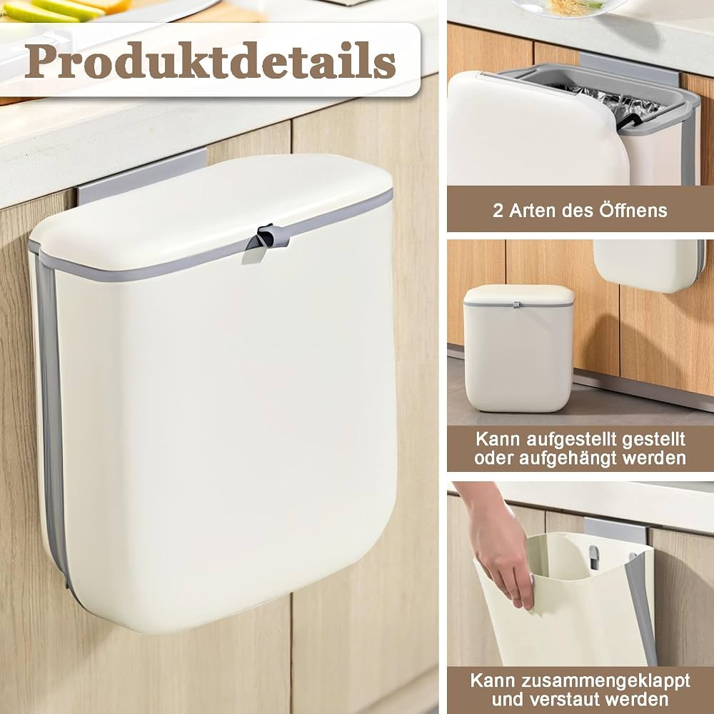 Poubelle murale poubelle de cuisine avec couvercle - 9 l - Poubelle à suspendre - Poubelle de cuisine - Blanc - Pour salle de séjour, cuisine