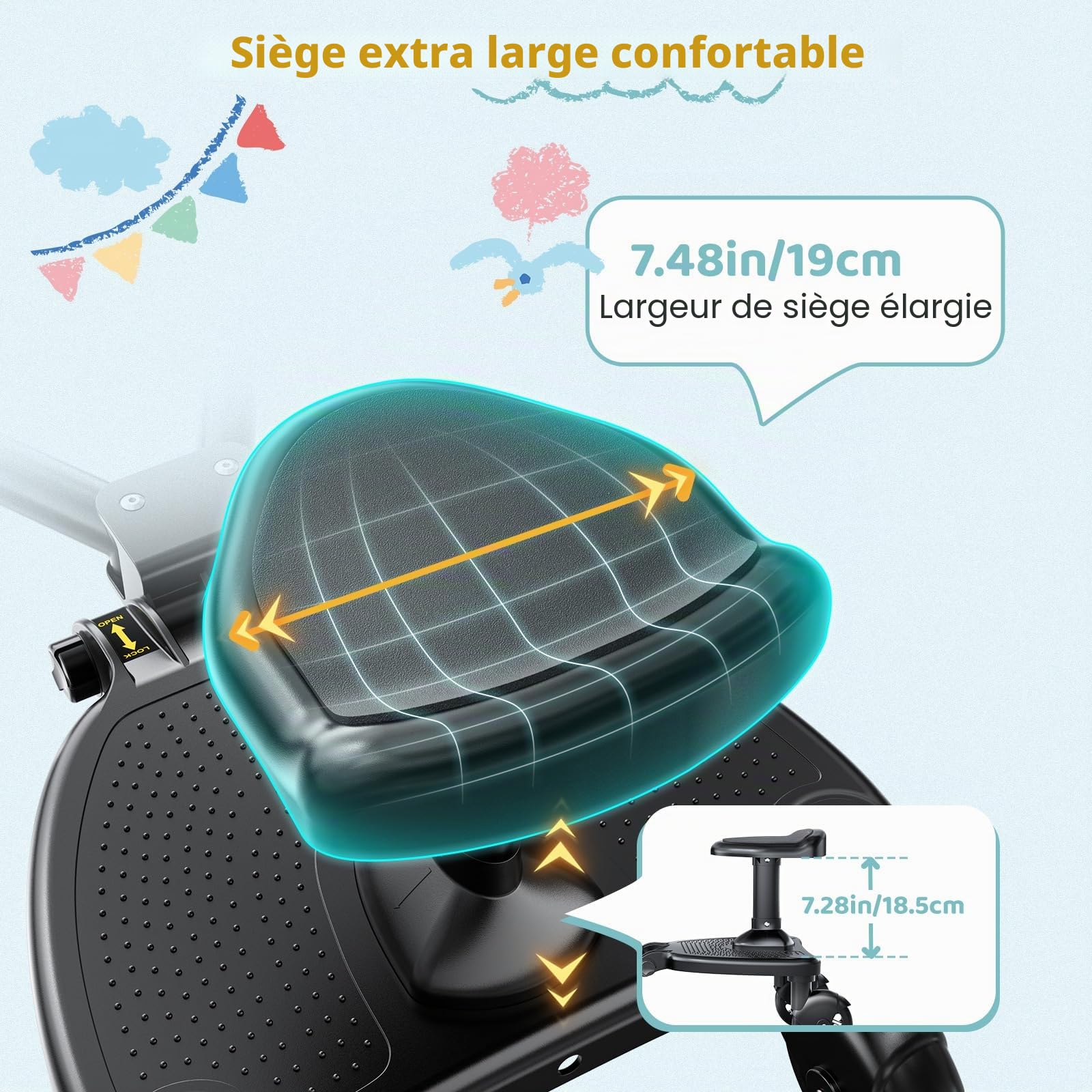 Planche Poussette Universelle avec Siège Agrandi, Marche Pied Poussette, Planches à roulettes pour bébé Compatible Avec 99% des Poussettes, Pour les Enfants de 2 à 6 ans(25kg)