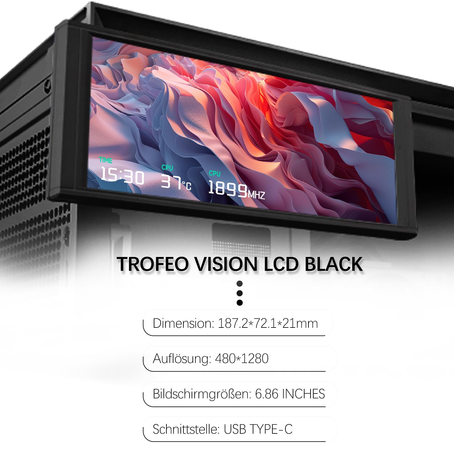 TR Thermalright Trofeo Vision Black Écran LCD IPS 6,86 pouces Résolution 1280 x 480 - Peut être fixé au châssis/refroidisseur liquide du processeur, images/vidéos dynamiques DIY, noir