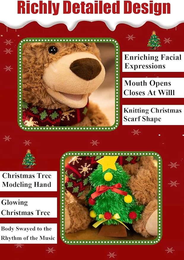 LANGXUN Oso de Peluche Navideño con Canto y Grabación, 39 cm miniatura 6