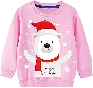 Kids Christmas Jumpers 1-7 Years Boys Girls Xmas Sweatshirts Jumper Toddler Santa Claus Reindeer Tops Present Baby T-Shirts Long Sleeve Cotton Outfits Gifts Tees Crew Neck Casual Winter Clothes