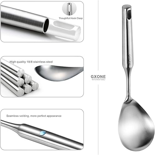 Miniatura 9 de GXONE Cucharas grandes para servir, cuchara de cocina de acero inoxidable 304 con mango de madera resistente al calor, plata12.4 pulgadas