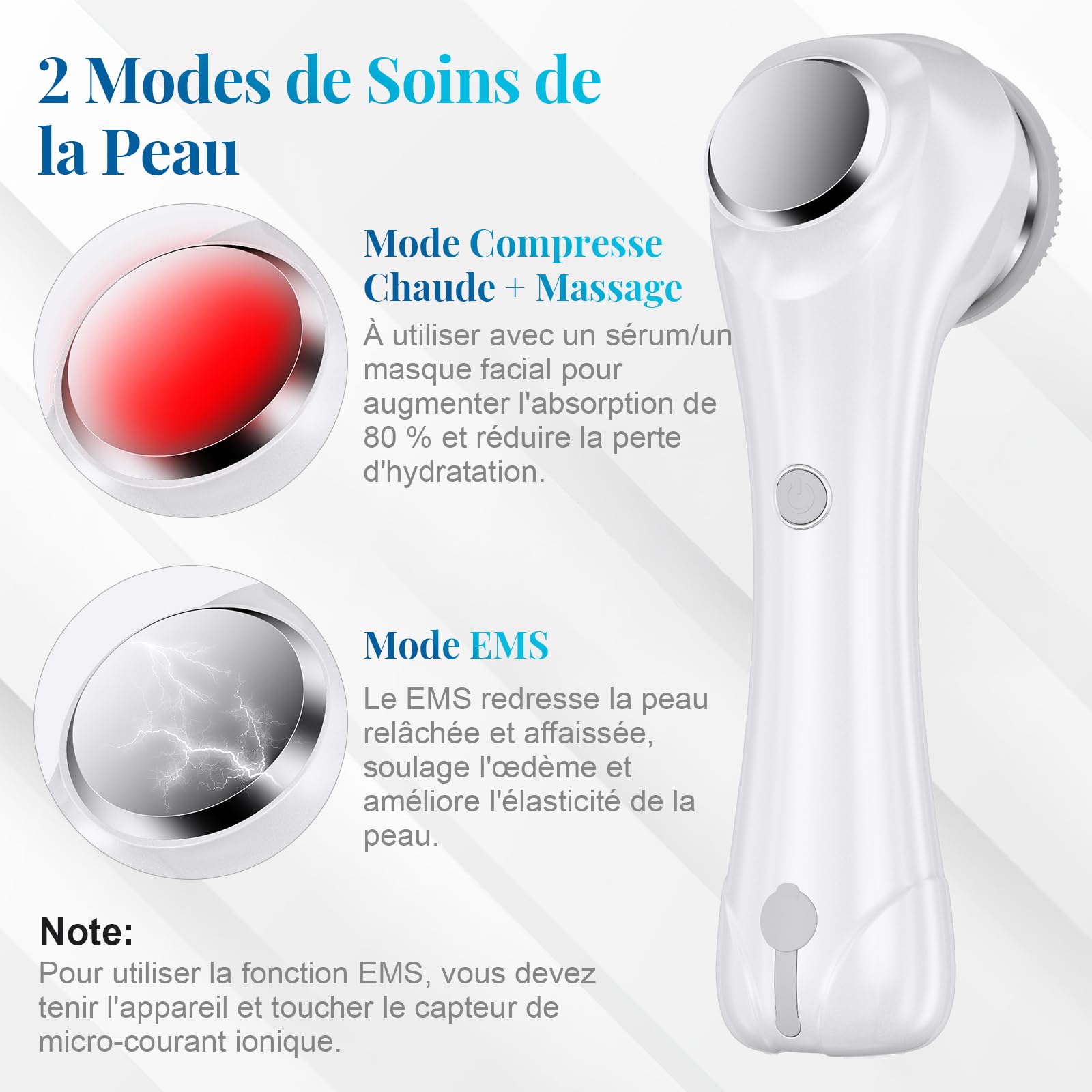 Brosse Nettoyante Visage, 2 en 1 Massage Visage avec EMS Thermique en Brosse Faciale avec 4 Embouts pour Nettoyer Le Visage en Profondeur, IPX6 Résistant à L'eau Adapté à Tous les Types