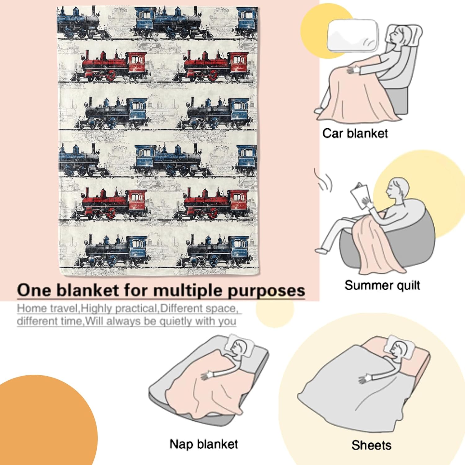 Train Blanket Retro Steam Locomotive Pattern in Red and Blue on Cream Background Throw Blankets Lightweight Flannel Throws for Couch Chair Office Bed Home Decor Gifts for Adults,80x60inch