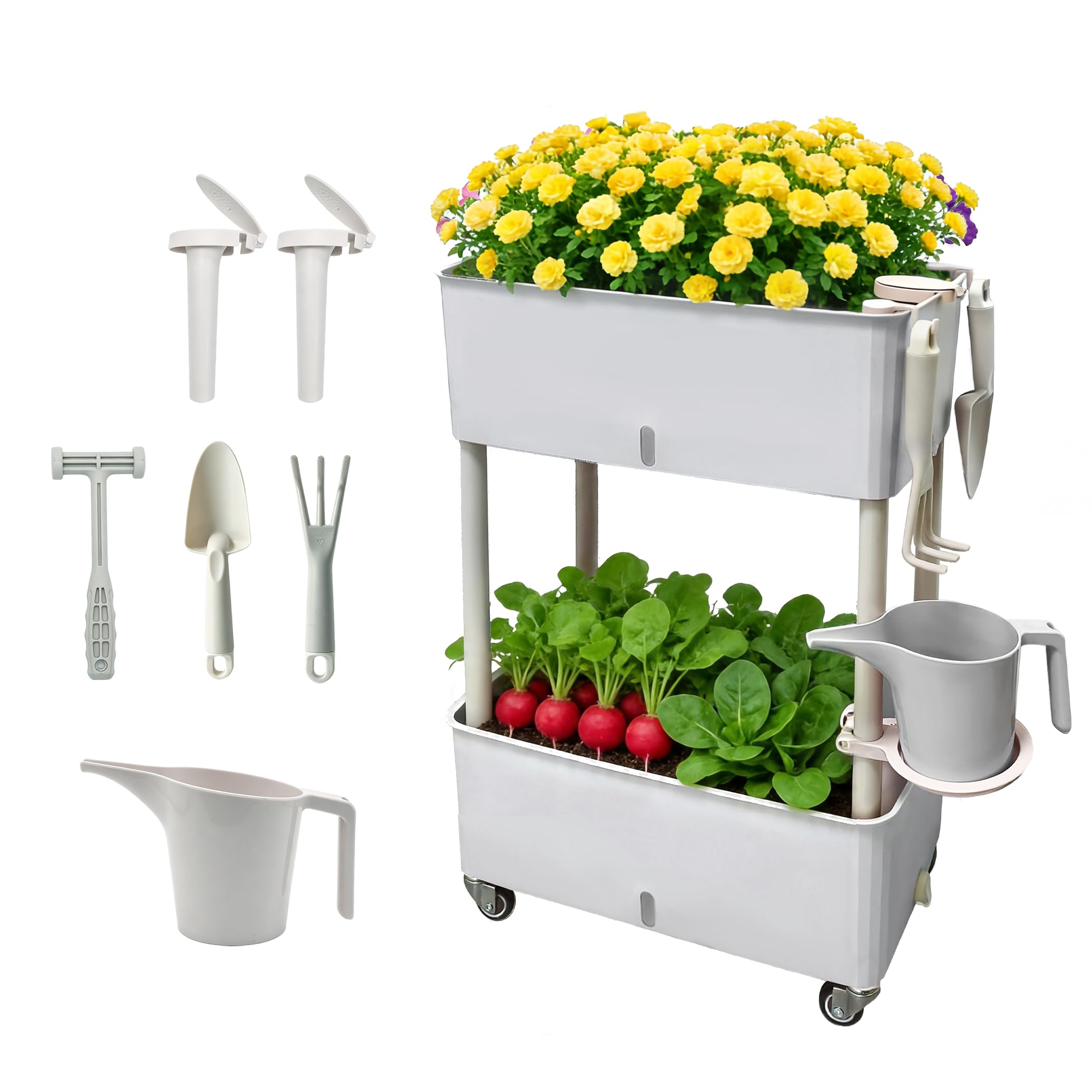 Zweistöckiges Hochbeet mit Rollen & Autobewässerung - Mobiles Kunststoff Hochbeet 46.6x25.5x70.5cm für Balkon & Terrasse - 40L Volumen, 2-Wochen Wassertank, Modulares Stapelsystem
