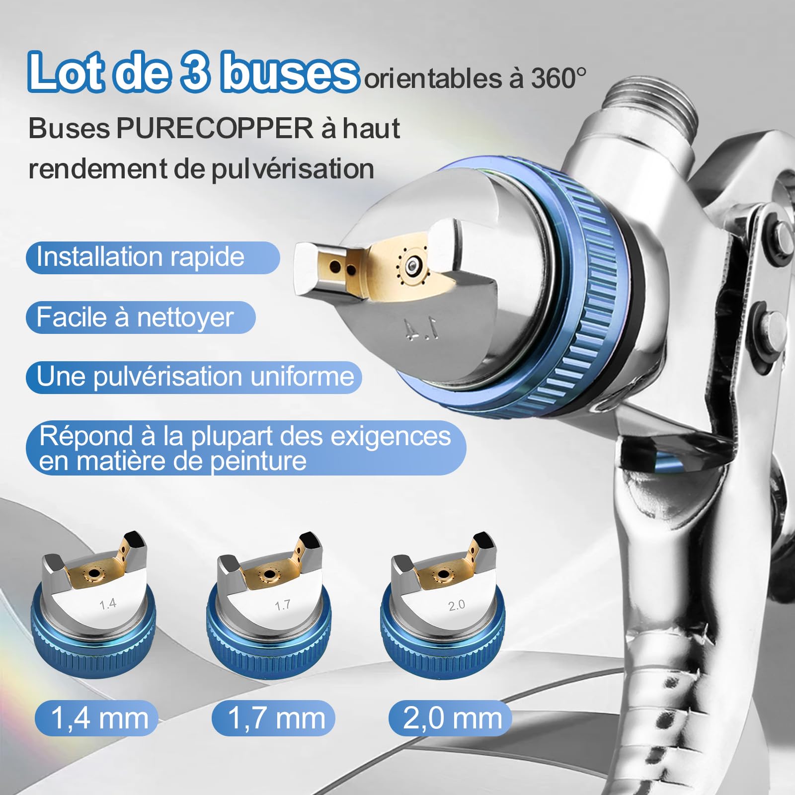 Pistolet à Peinture HVLP à gravité, 3 Buses 1,4/1,7/2,0mm, 10 Godets 650ml