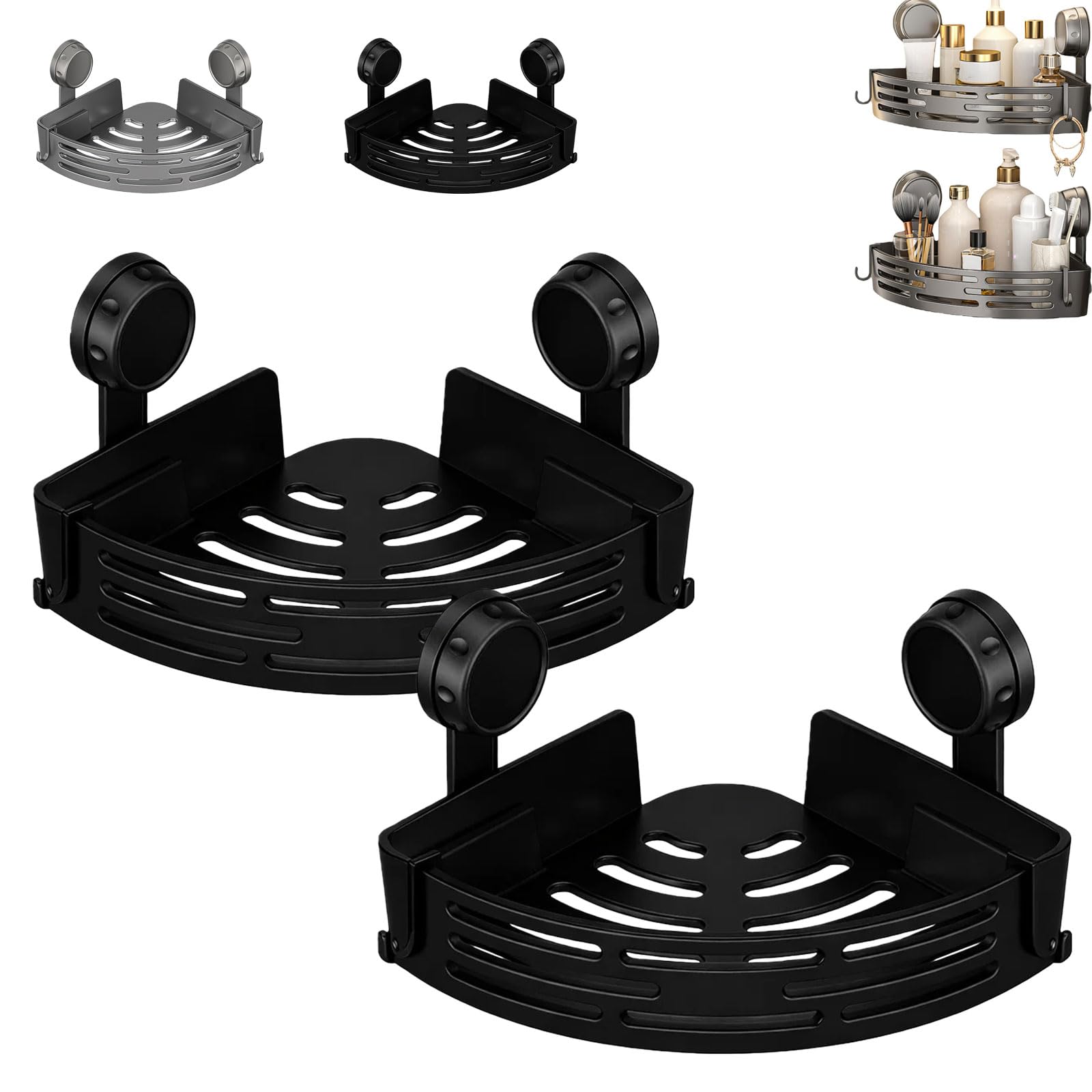 Nimedala 2Pcs*Black Triangle Suction Cup Shower Caddy, Corner Shower Caddy, Bathroom Corner Shelves, Bathroom Shelf No Drill For Shampoo, Showers Gel (2Pcs*Black)