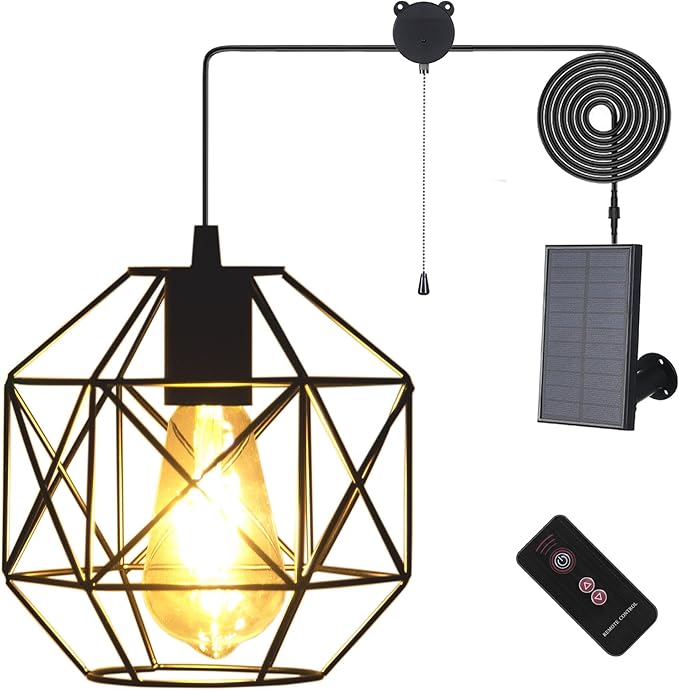 Aofuery Solar Pendant Lights Outdoor, Shed Light Solar Powered Gazebo Lights Outdoor Chandelier Hanging Lights,Solar Lights Indoor with Pull Cord for Home Chicken Coop Barn Garage Storage
