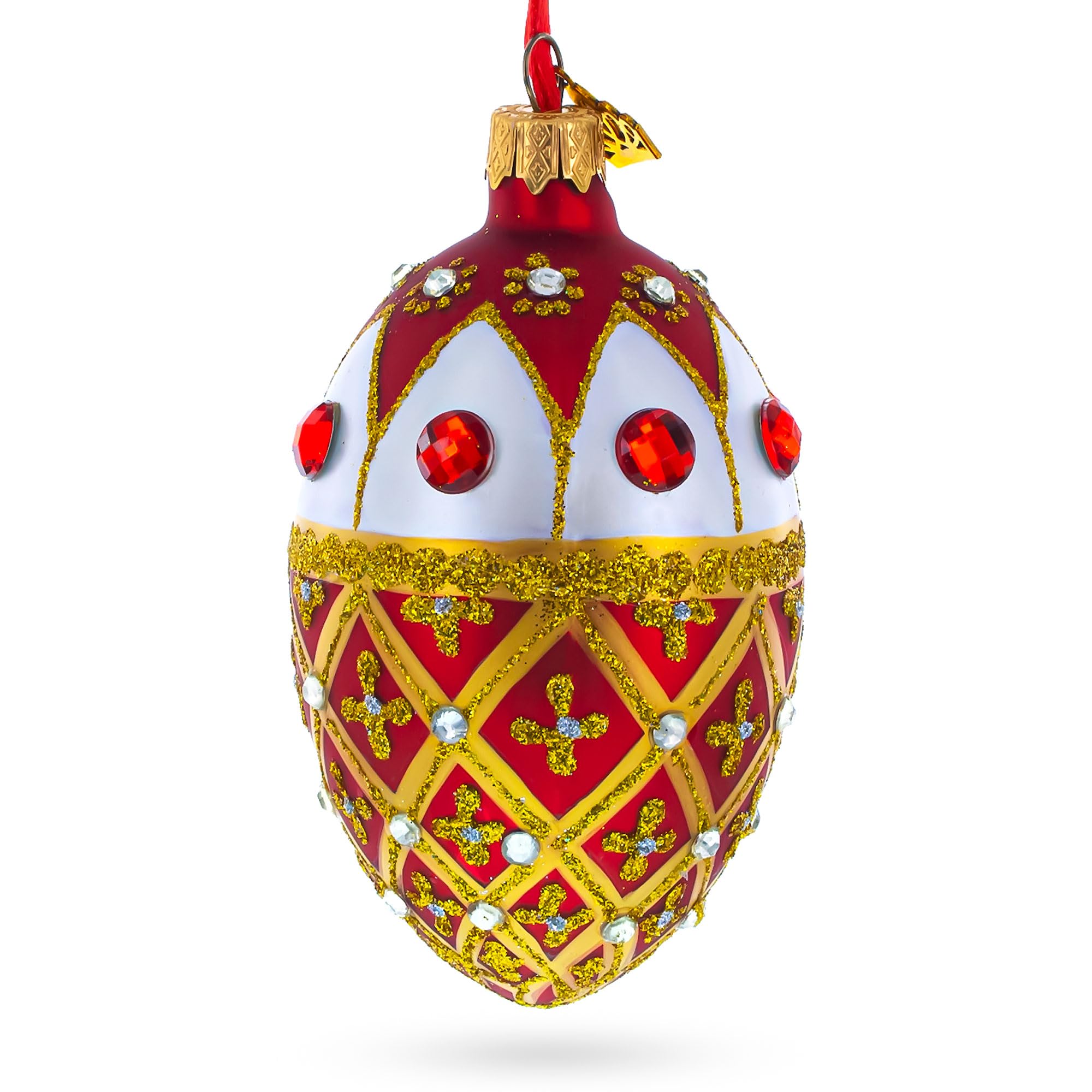 Adorno de Navidad de Huevo de Vidrio Rojo y Blanco con Celosía de Oro Engastado de 4 Pulgadas.