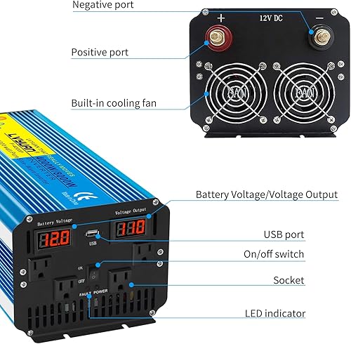 Miniatura 3 de Yinleader Inversor de corriente de onda sinusoidal pura de 4000 W, 12 V CC a CA 110 V-120 V, convertidor para vehículo familiar, RV, camión, sistema