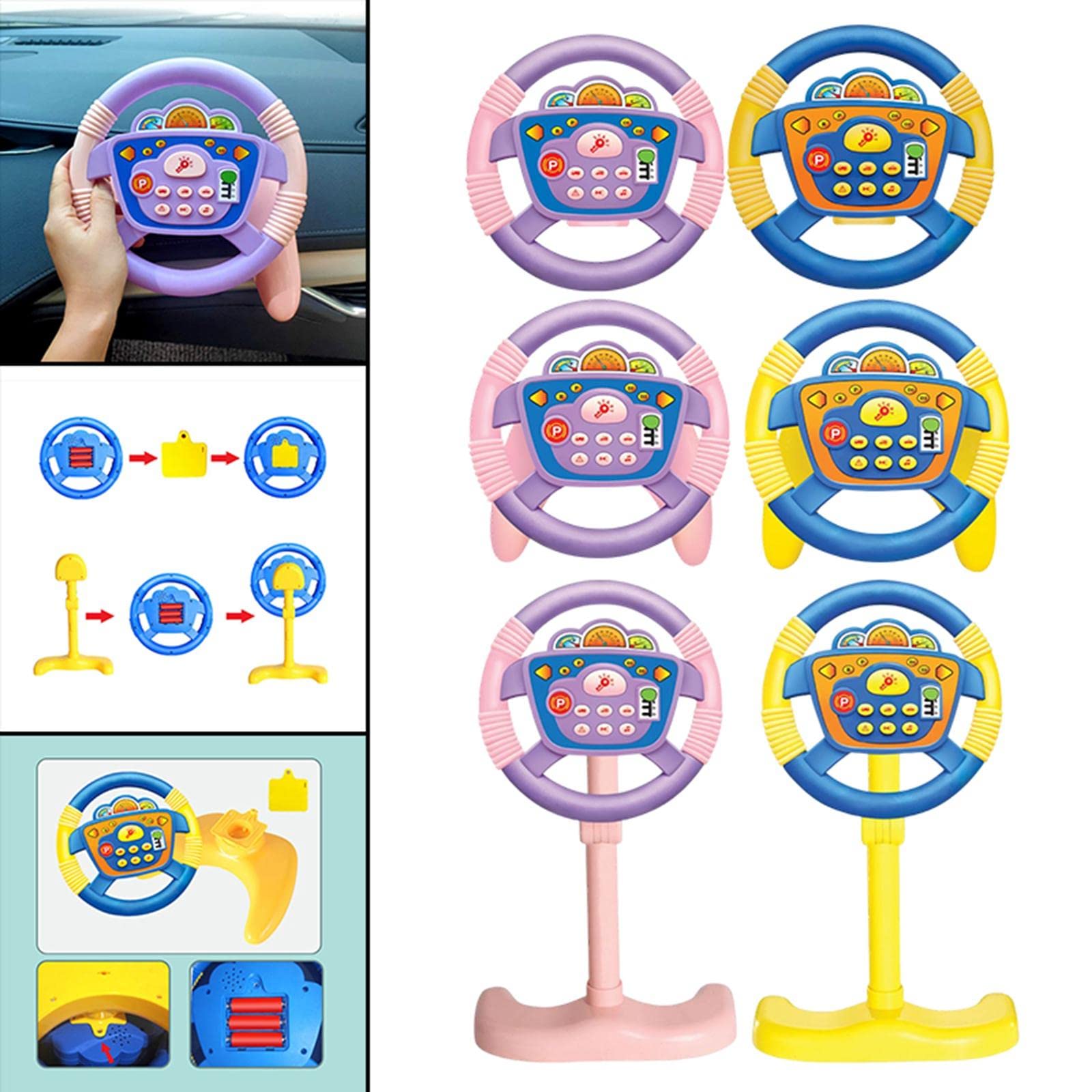 Volante de Juguete Infantil Volante Interactivo Educativo con Tablero Y Funciones de Vehículo Música Dinámica Y Plástico Ventosa Y Base Estable,