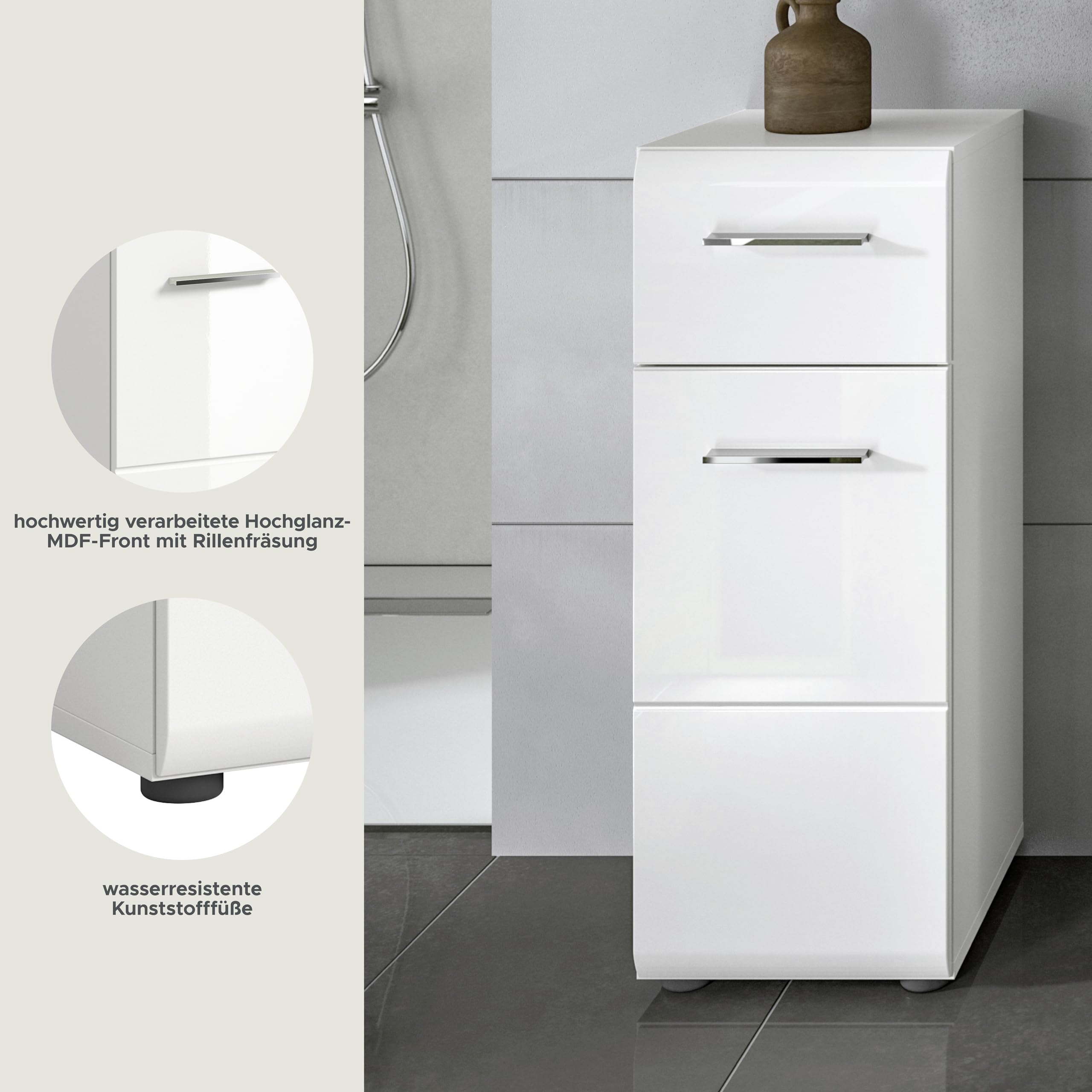 xonox.home - Kommode Ice 30x80x30 cm in weiß Hochglanz Tiefziehfront - Standschrank Badschrank schmal - praktisch und platzsparend – Bild 9