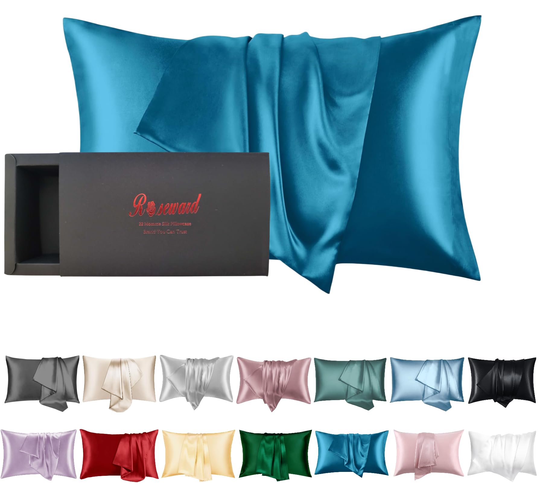 USA Made Mulberry Silk Pillowcase for Hair and Skin, 22 Momme Real Mulberry Silk Pillow Cases Standard Size with Hidden Zipper, 6A Grade, Wrinkle Free, Anti Acne, 1 Pc 20"x26" (Standard, Peacock Blue)